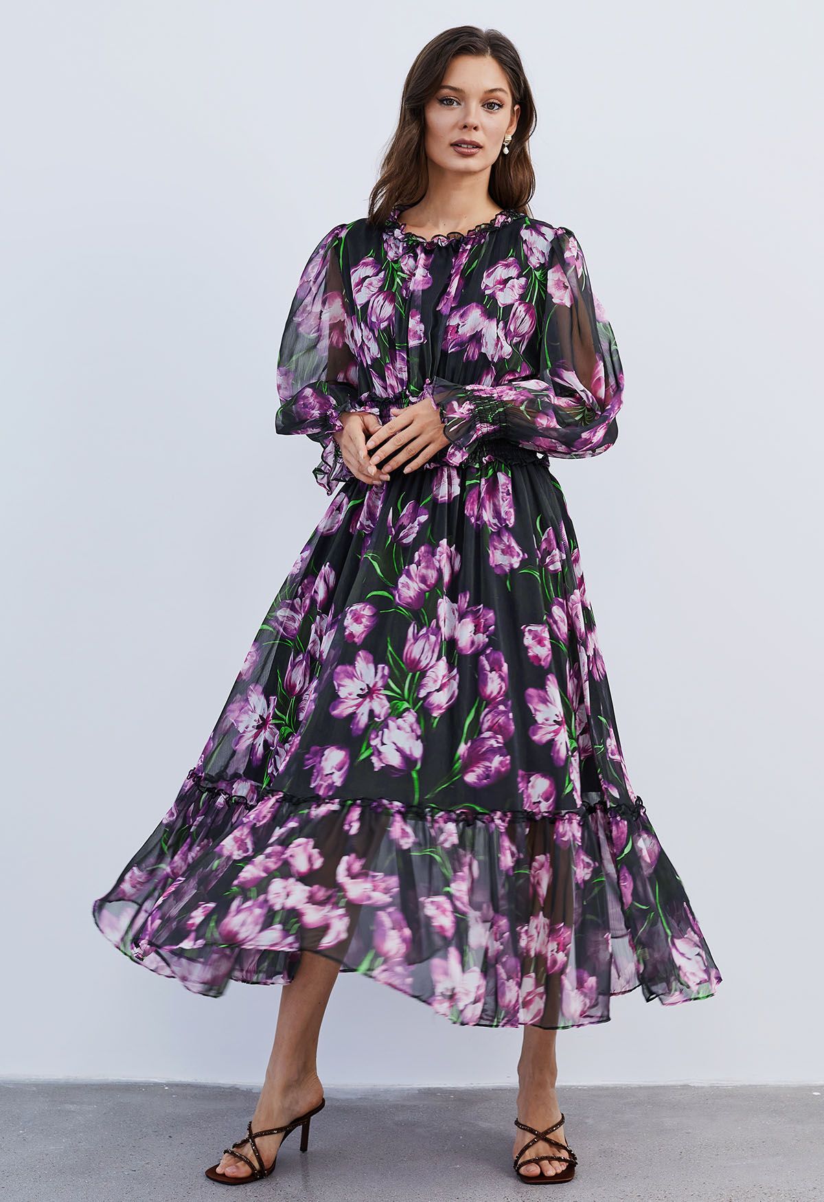 Violet Floral Shirred Waist Chiffon Dress