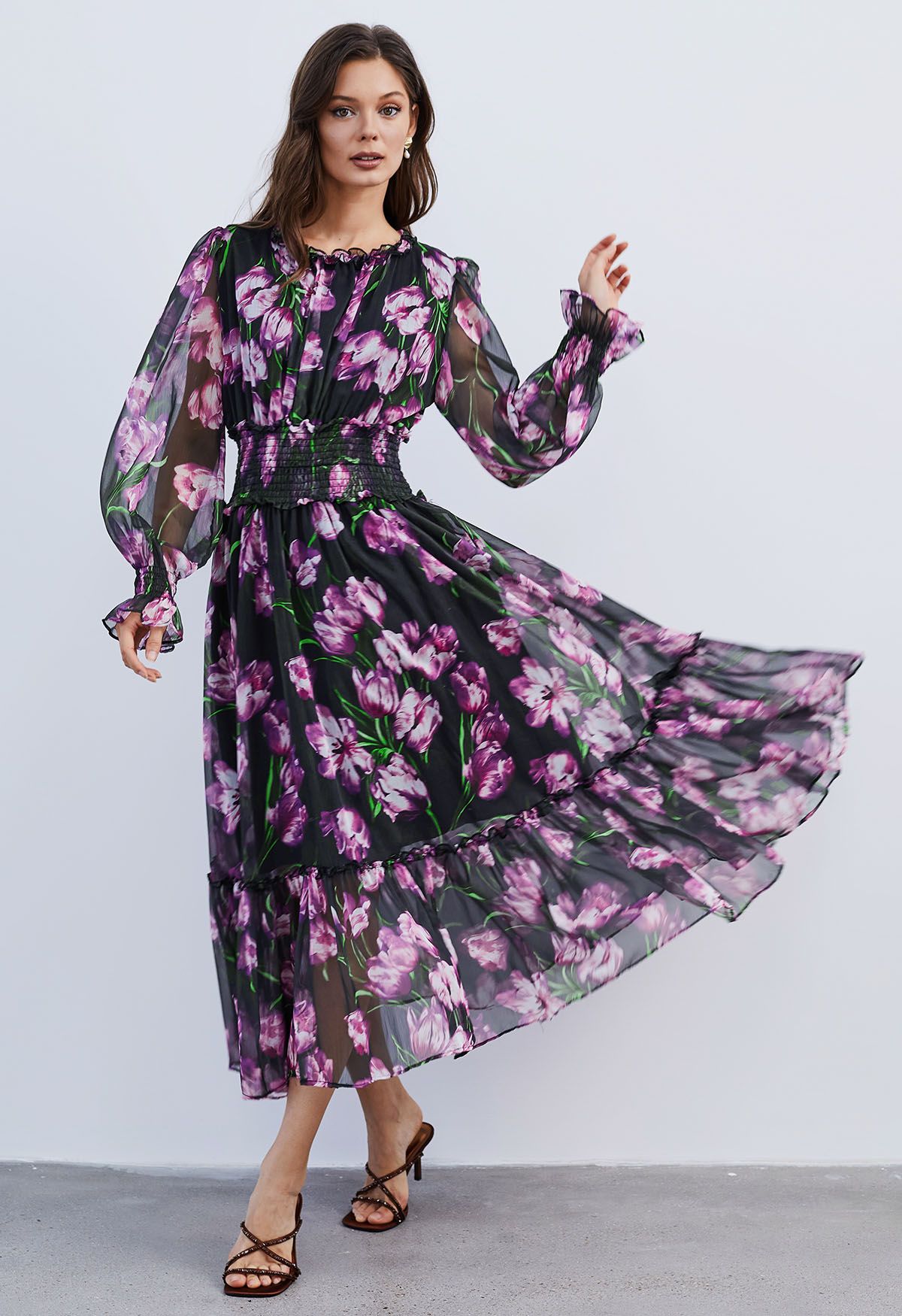 Violet Floral Shirred Waist Chiffon Dress