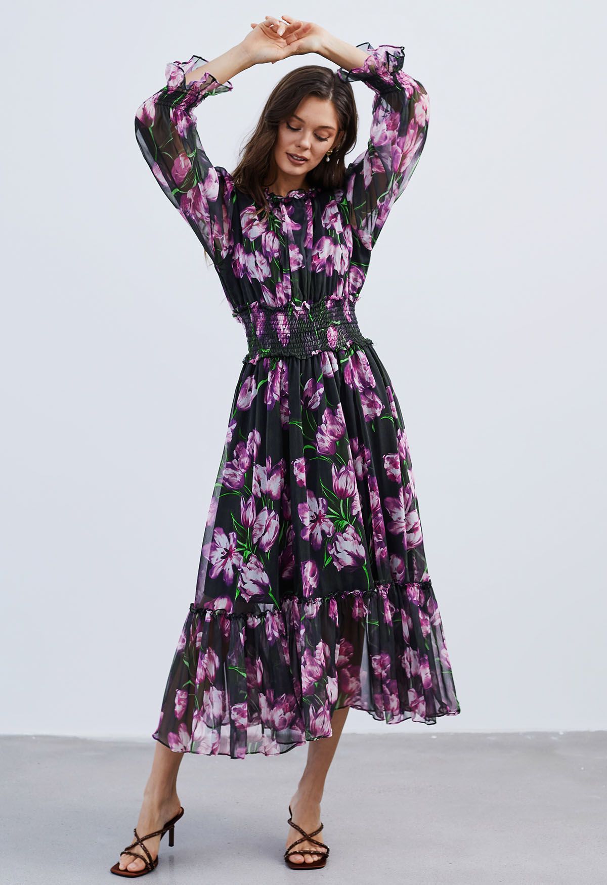 Violet Floral Shirred Waist Chiffon Dress