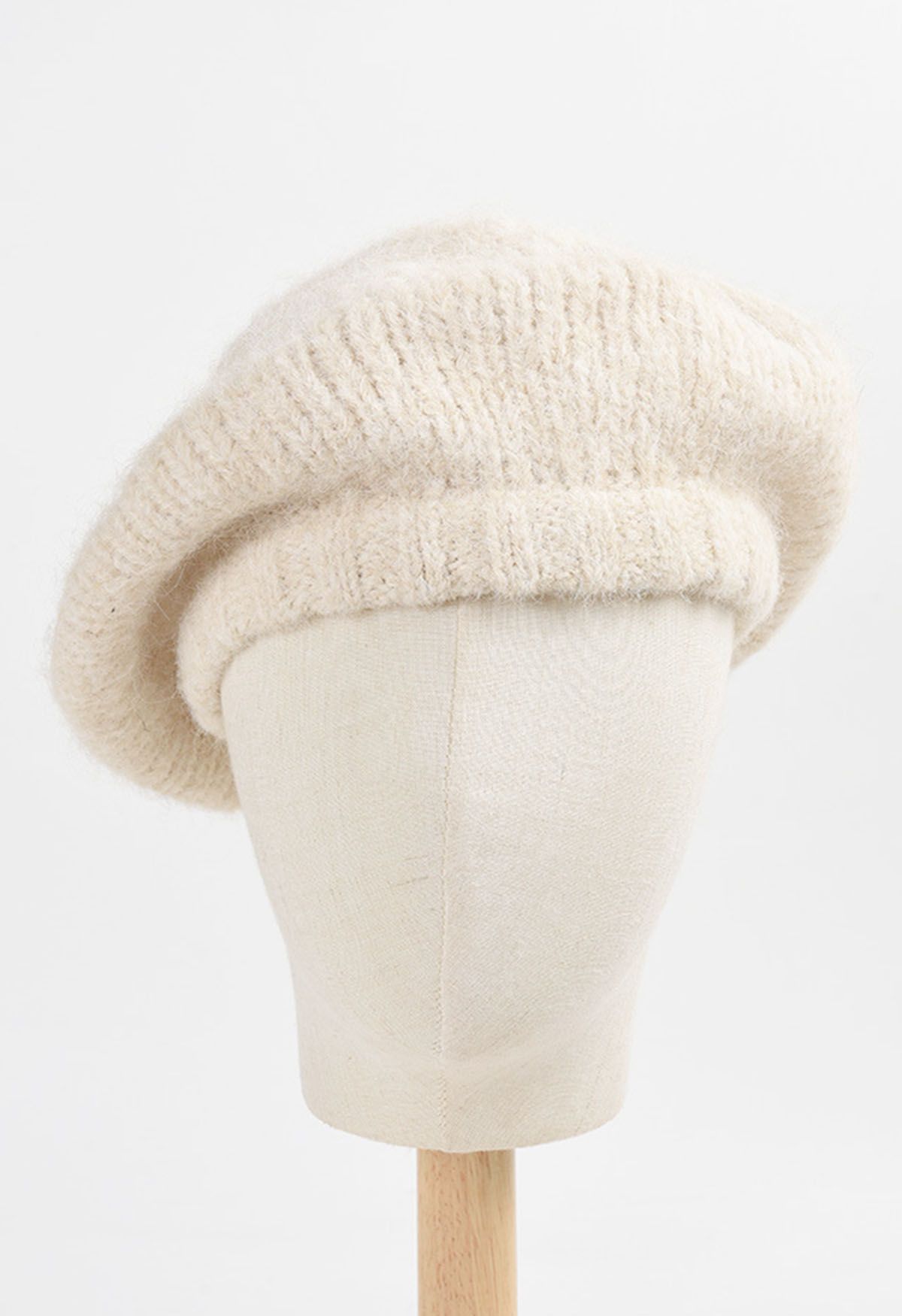 Fuzzy Wool-Blend Beret Hat in Cream