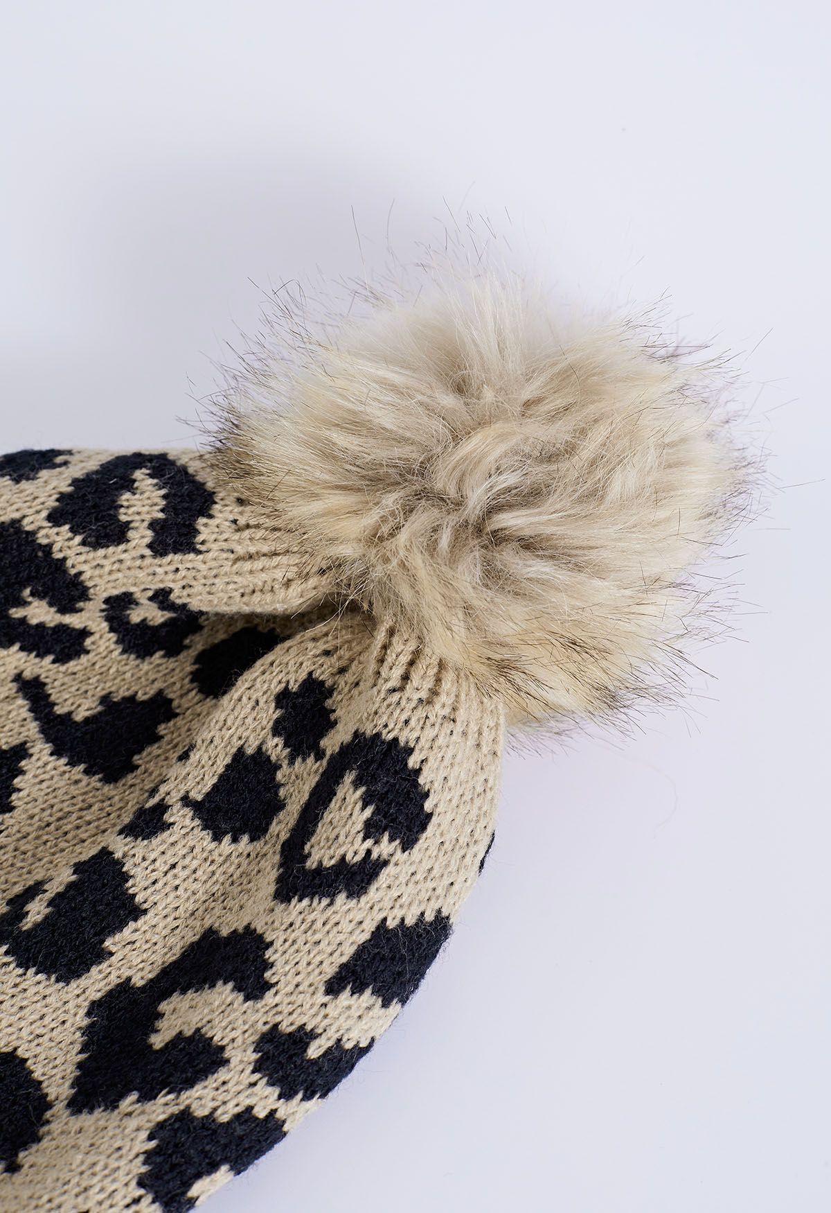 Fuzzy Pom-Pom Leopard Knit Beanie Hat in Khaki