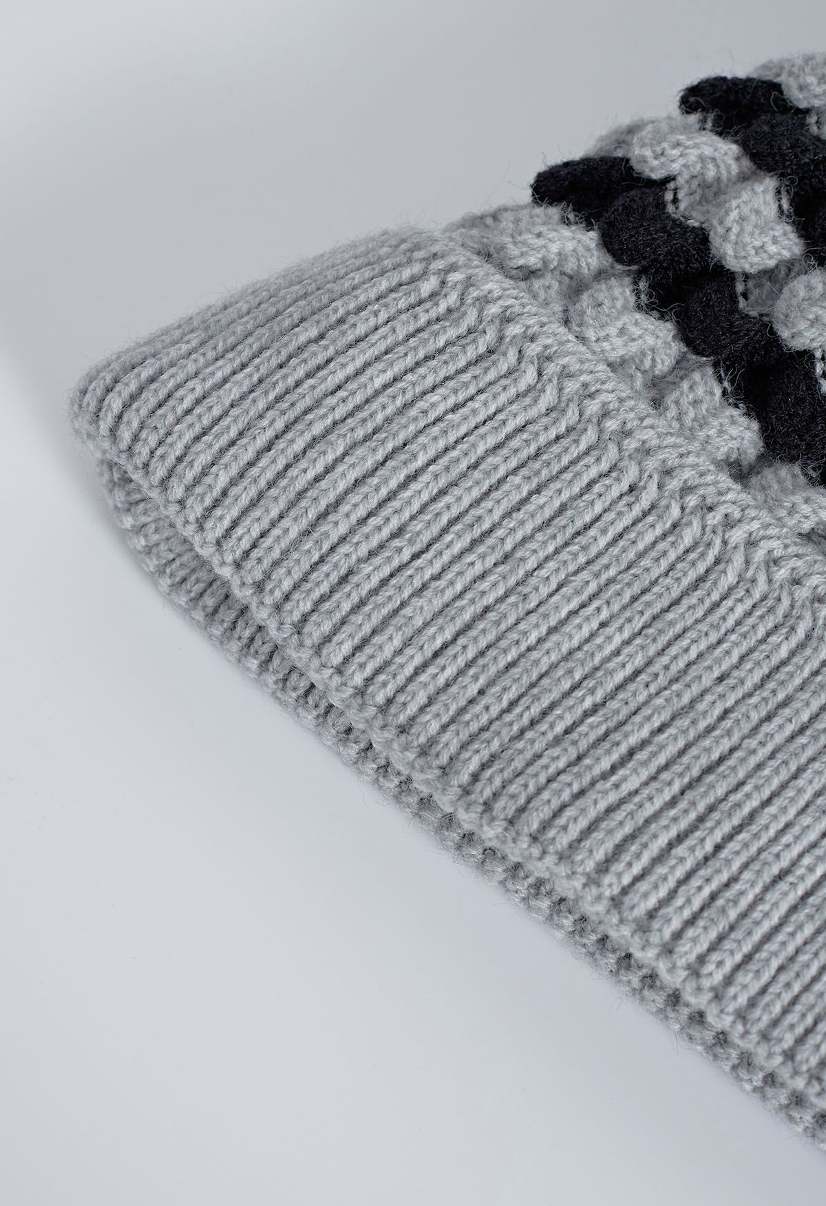 Color Block Pom-Pom Beanie Hat in Grey