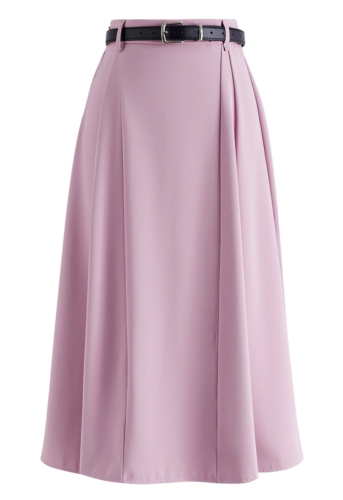 Solid Seam Detailing Belted Skirt in Lilac