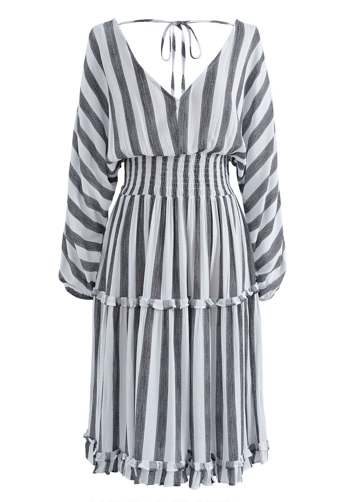 V-Neck Tie-String Striped Midi Dress