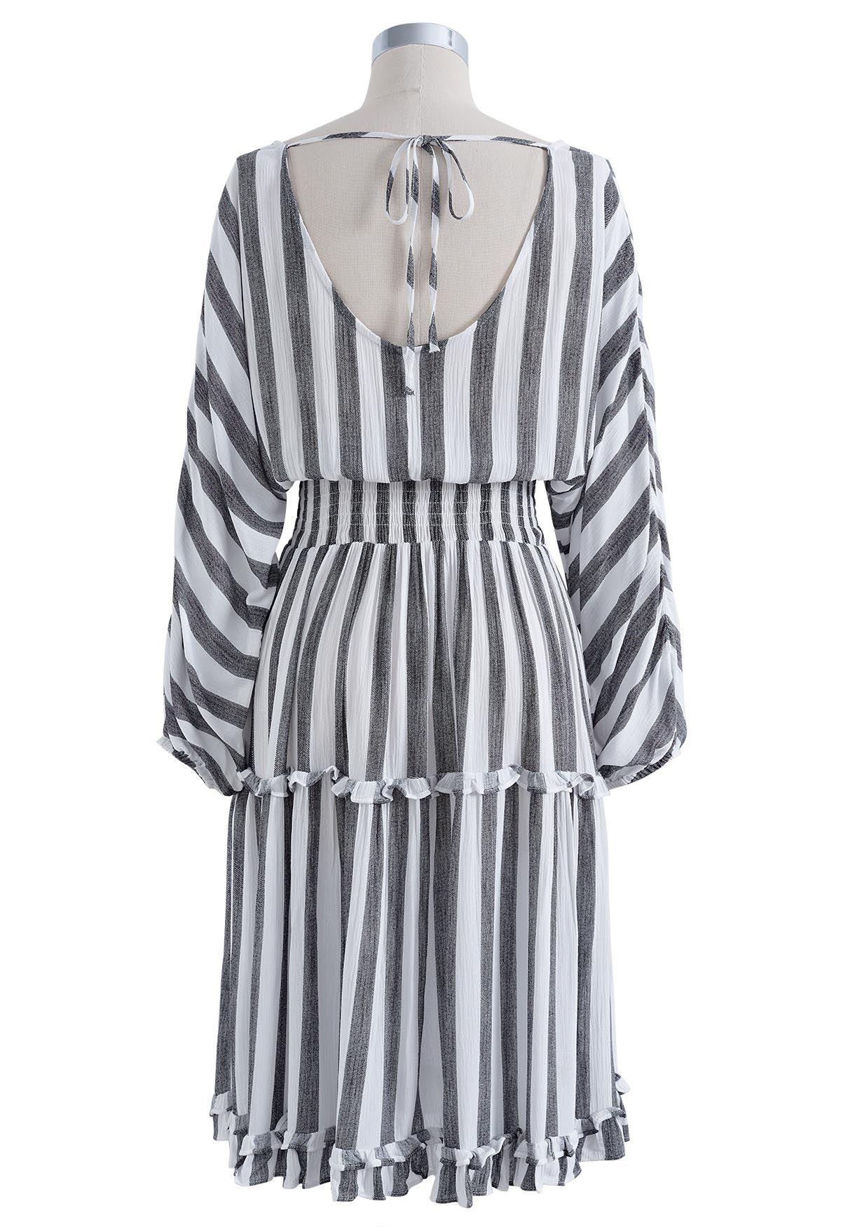 V-Neck Tie-String Striped Midi Dress