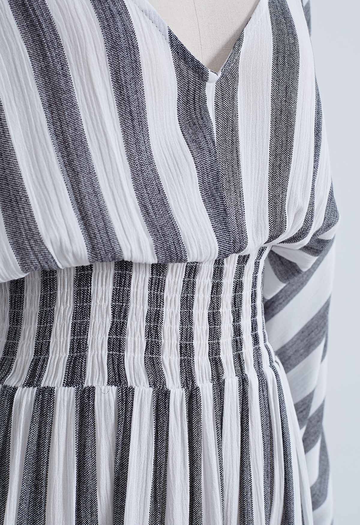 V-Neck Tie-String Striped Midi Dress