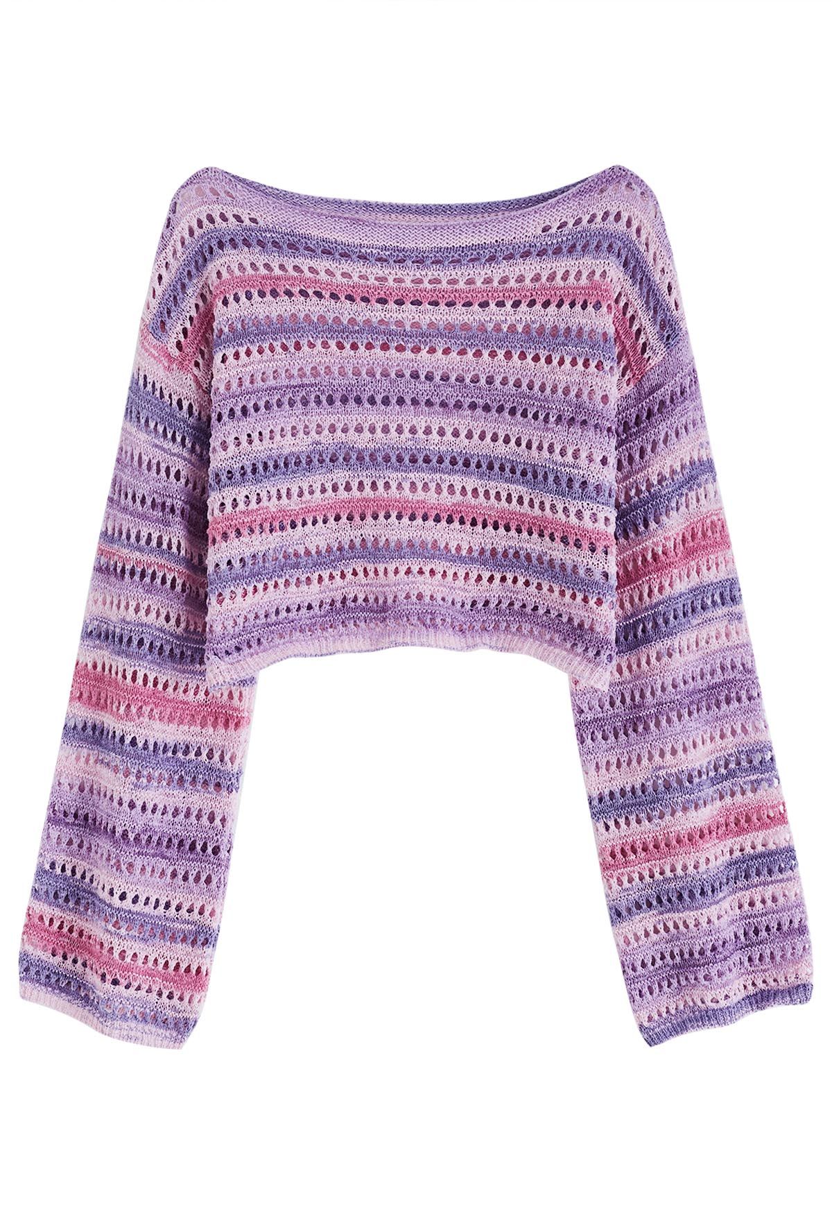 Colorful Stripe Hollow Out Knit Sweater in Pink