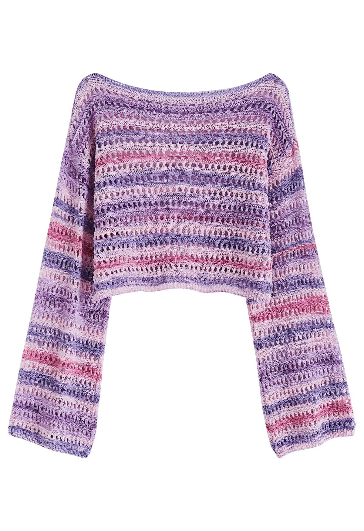 Colorful Stripe Hollow Out Knit Sweater in Pink