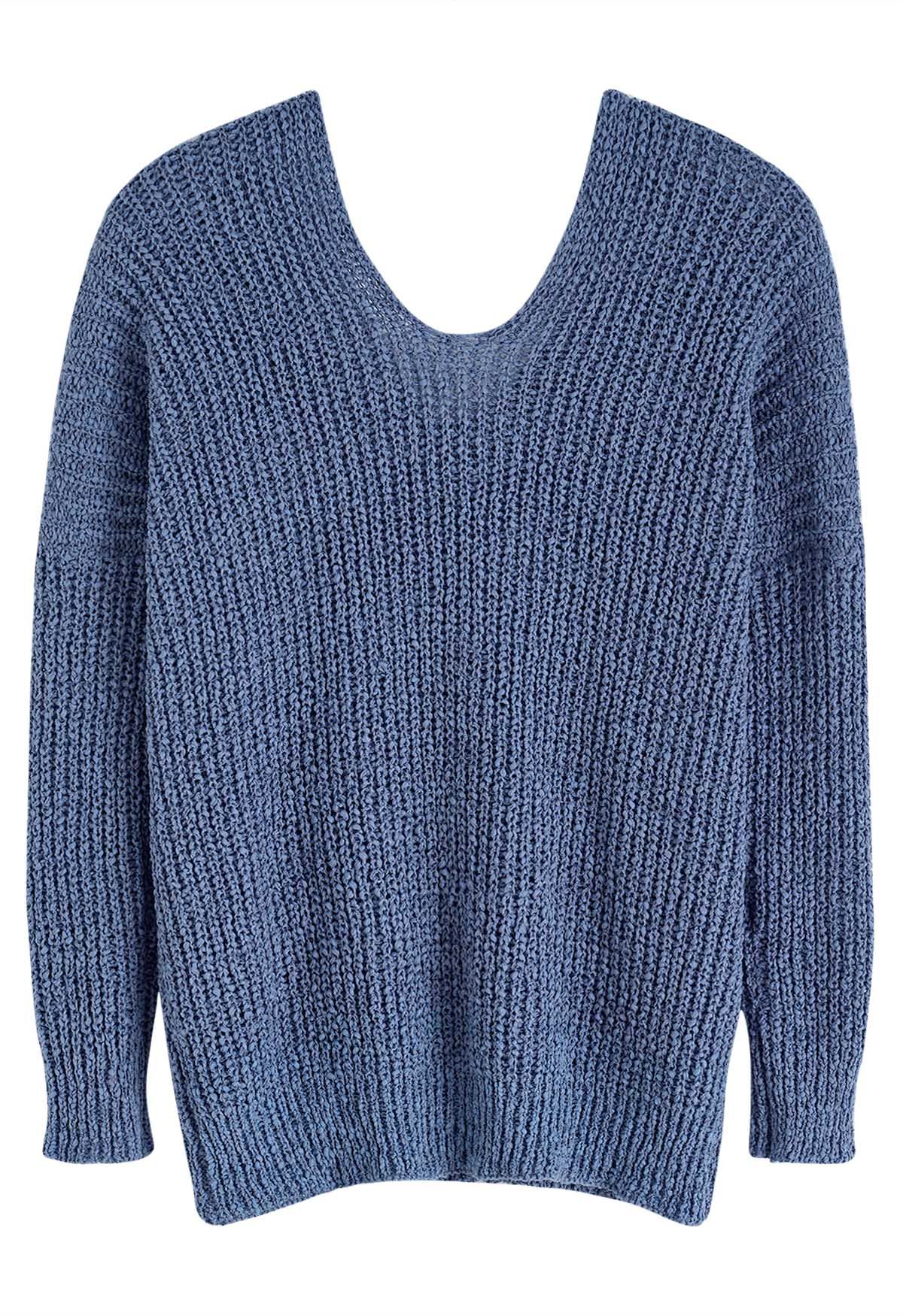 Texture Ribbed Knit V-Neck Sweater in Dusty Blue