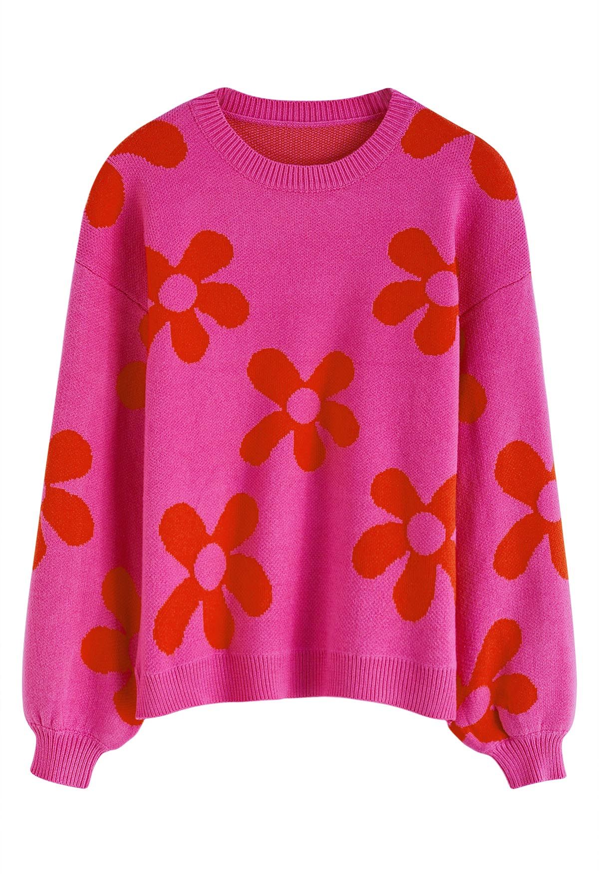 Cuteness Flowers Boxy Round Neck Knit Sweater in Hot Pink