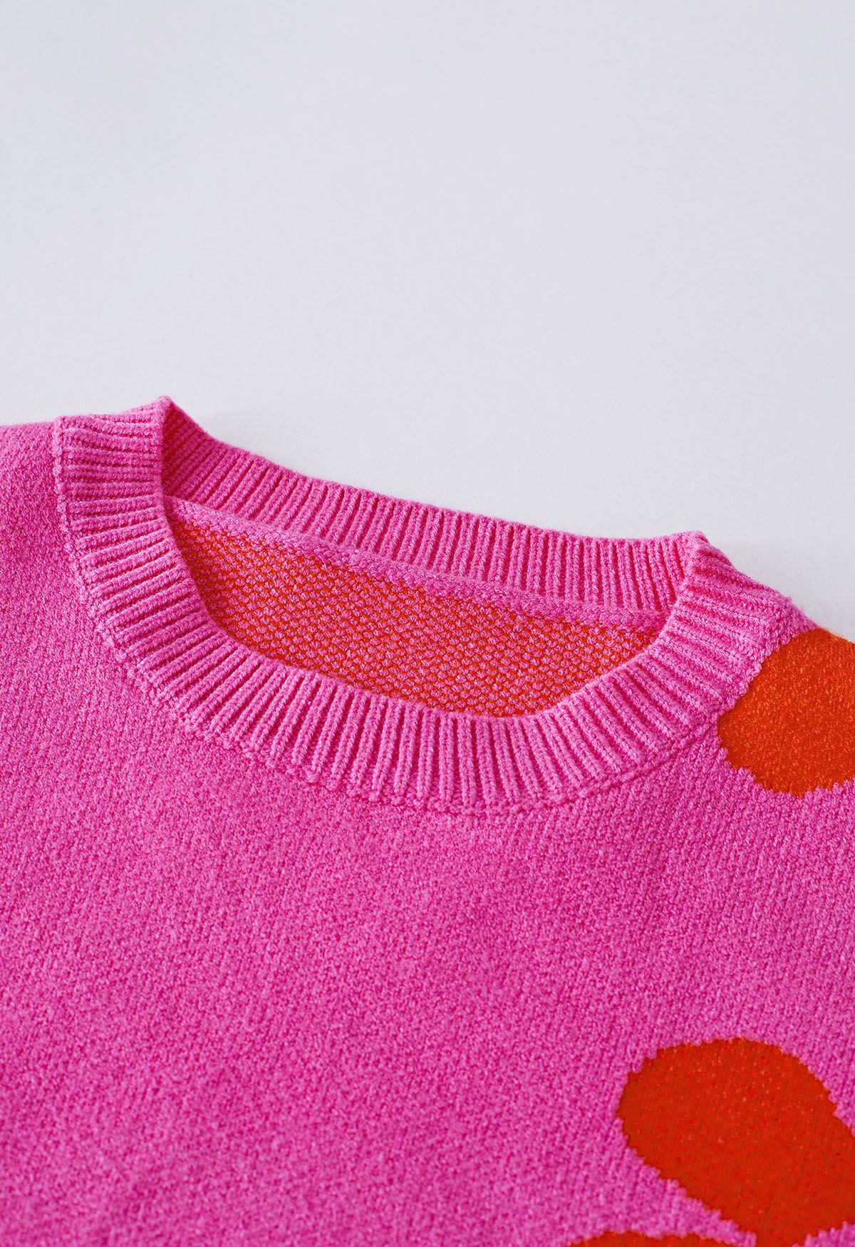 Cuteness Flowers Boxy Round Neck Knit Sweater in Hot Pink