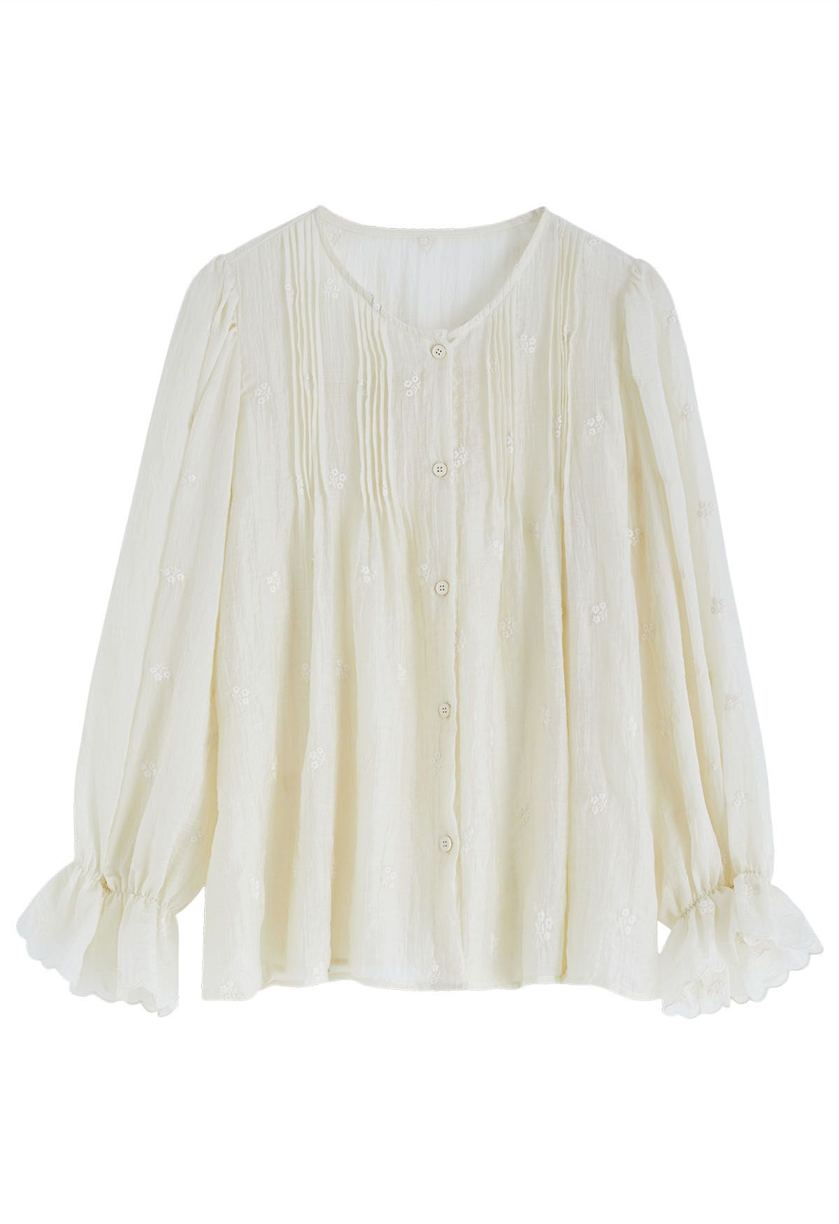 Embroidered Floret Pintuck Detail Dolly Top in Light Yellow