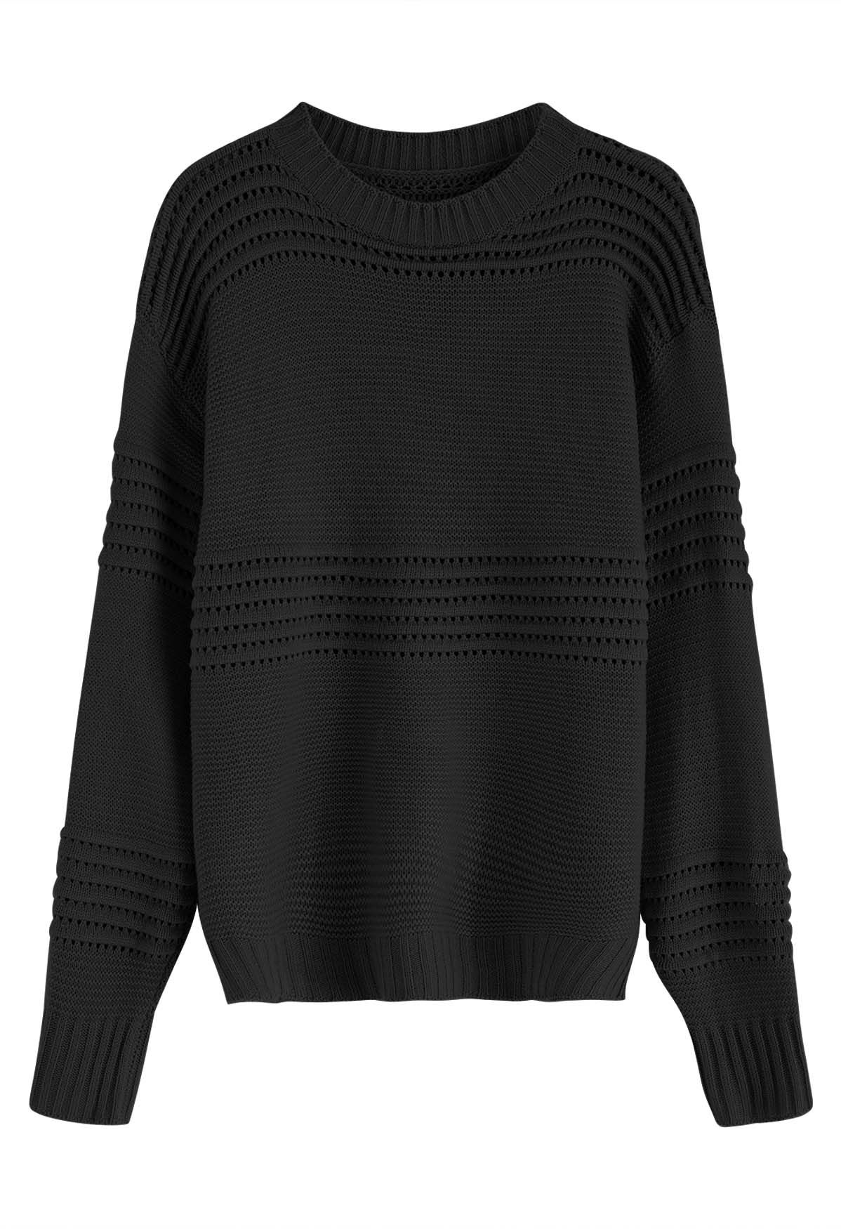 Stripe Embossed Openwork Knit Sweater in Black