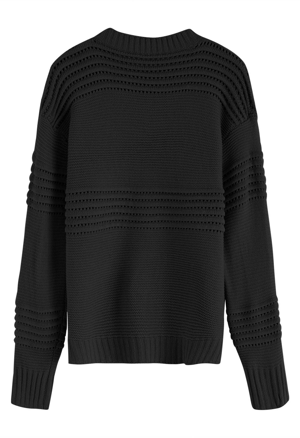 Stripe Embossed Openwork Knit Sweater in Black