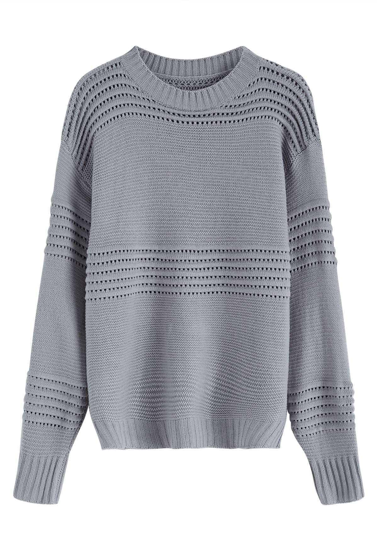 Stripe Embossed Openwork Knit Sweater in Grey