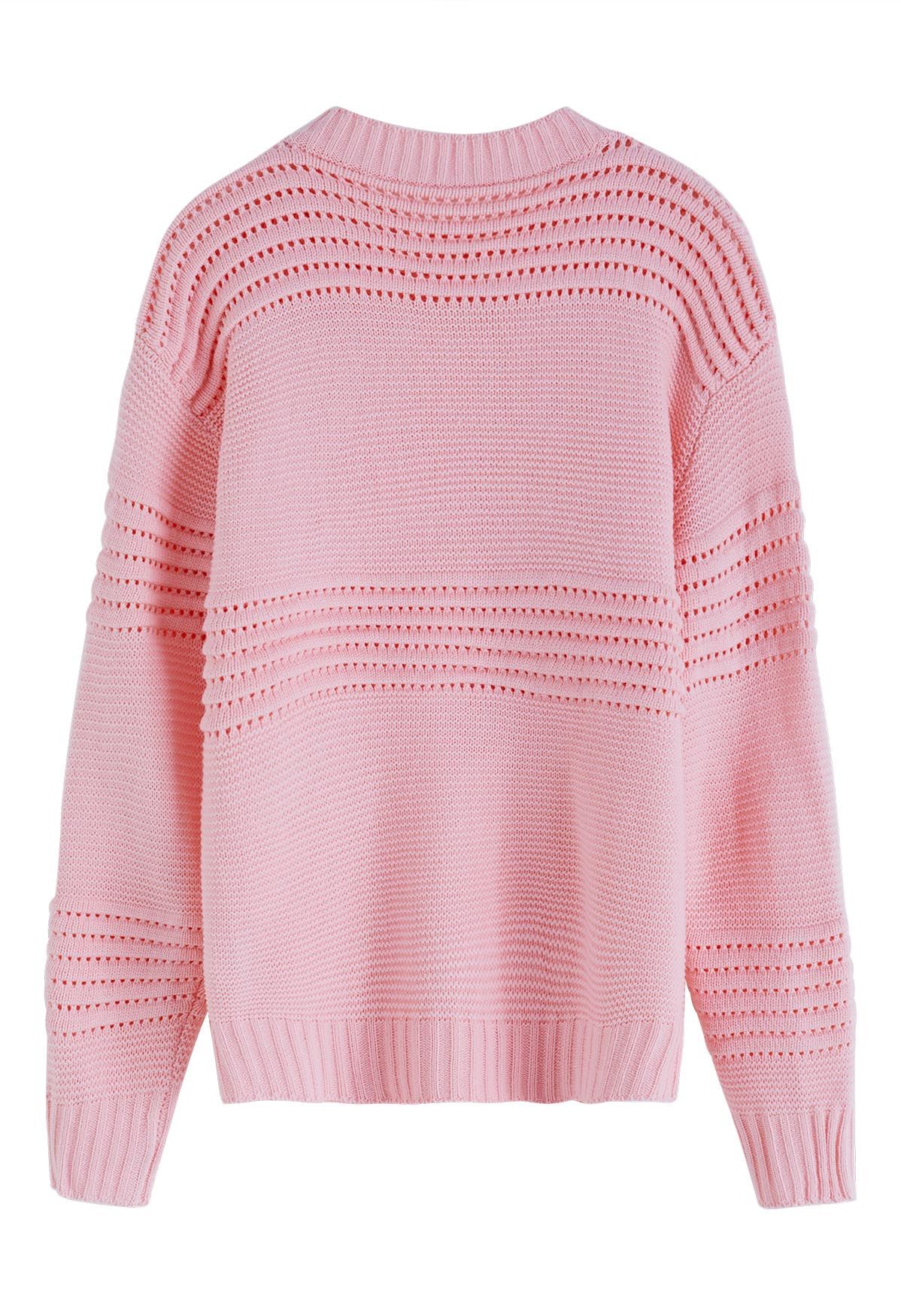 Stripe Embossed Openwork Knit Sweater in Pink