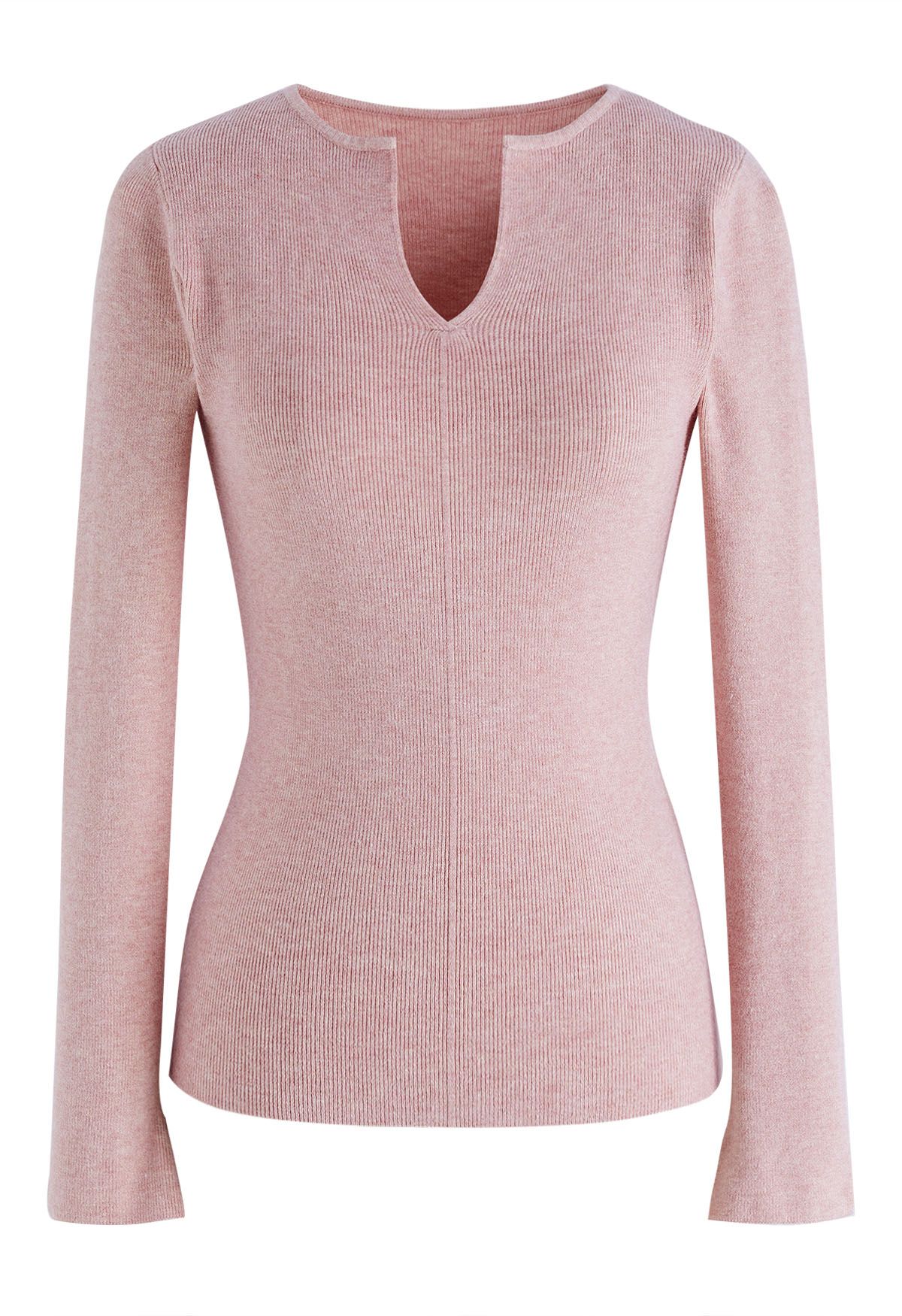 Notch Neckline Fitted Knit Top in Pink