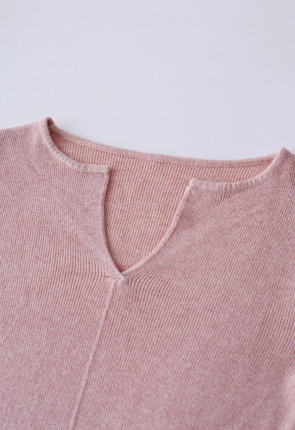 Notch Neckline Fitted Knit Top in Pink