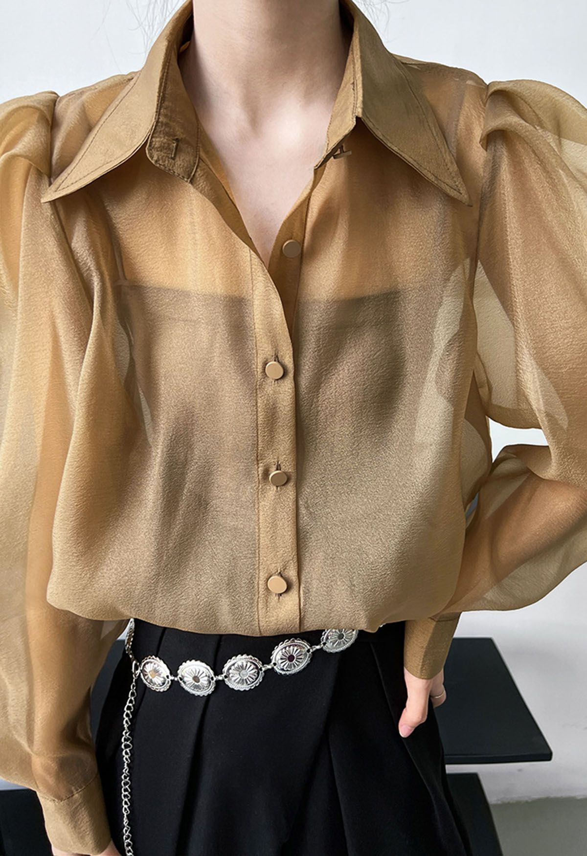 Bubble Sleeves Semi-Sheer Buttoned Shirt in Caramel