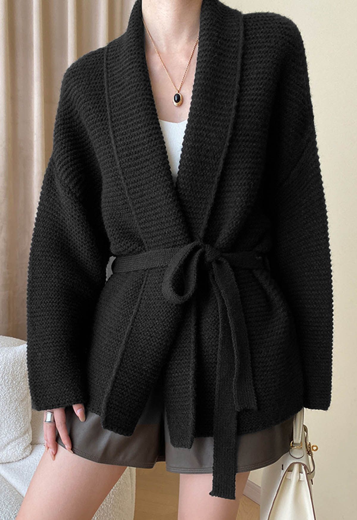 Collared Self-Tie Wrap Waffle Knit Cardigan in Black