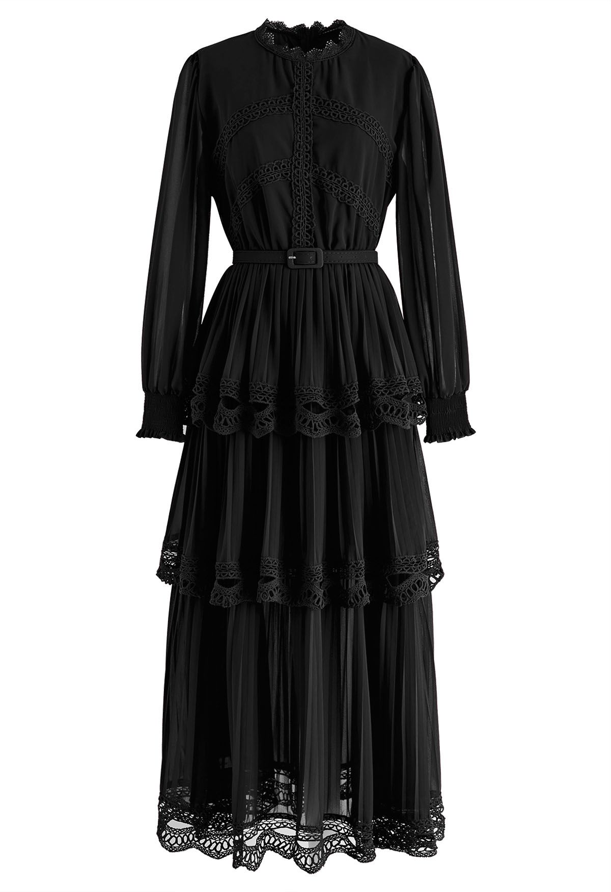 Crochet Lace Pleated Tiered Chiffon Maxi Dress in Black - Retro, Indie ...