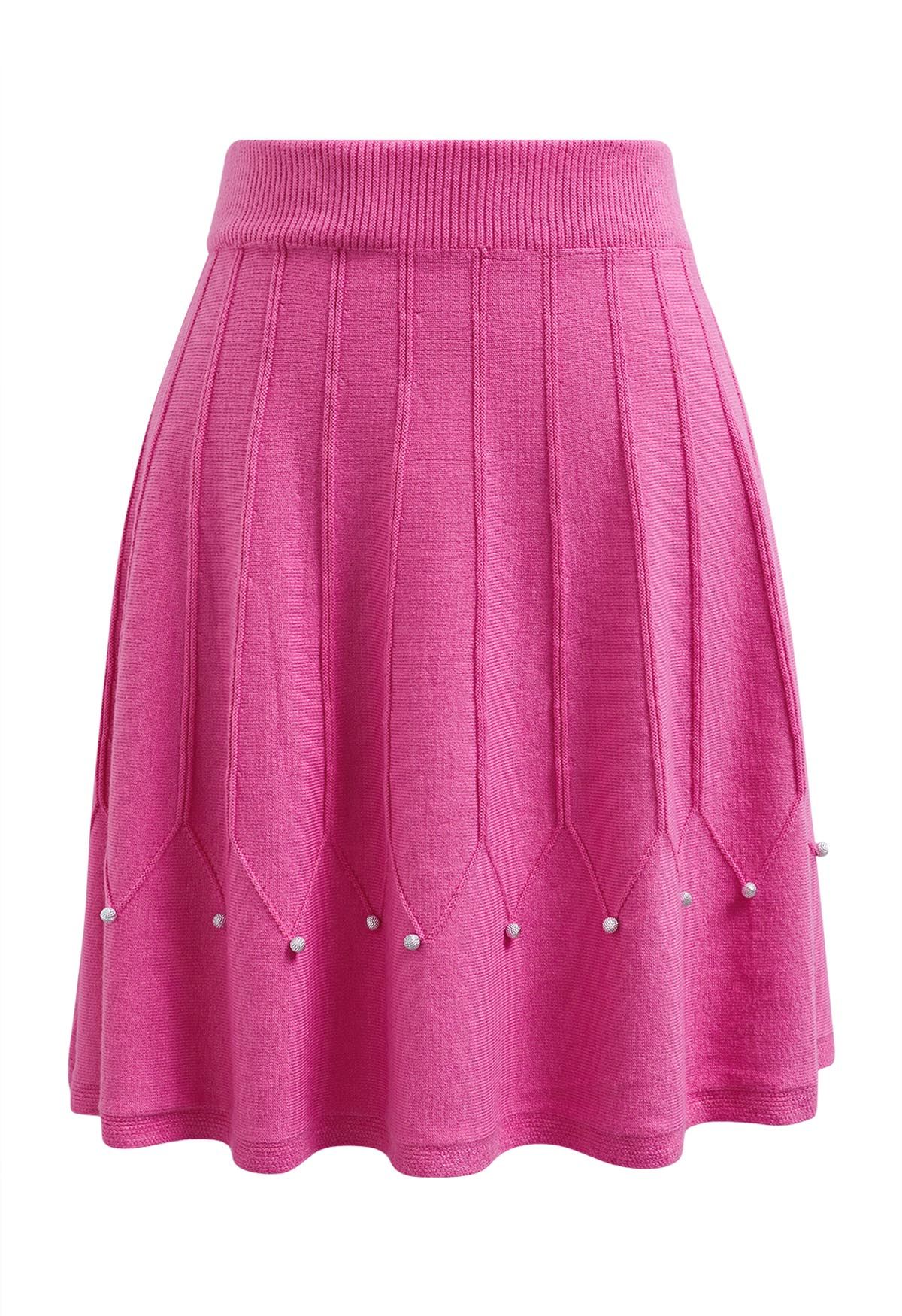 Silver Bead Embellished Seam Knit Skirt in Magenta