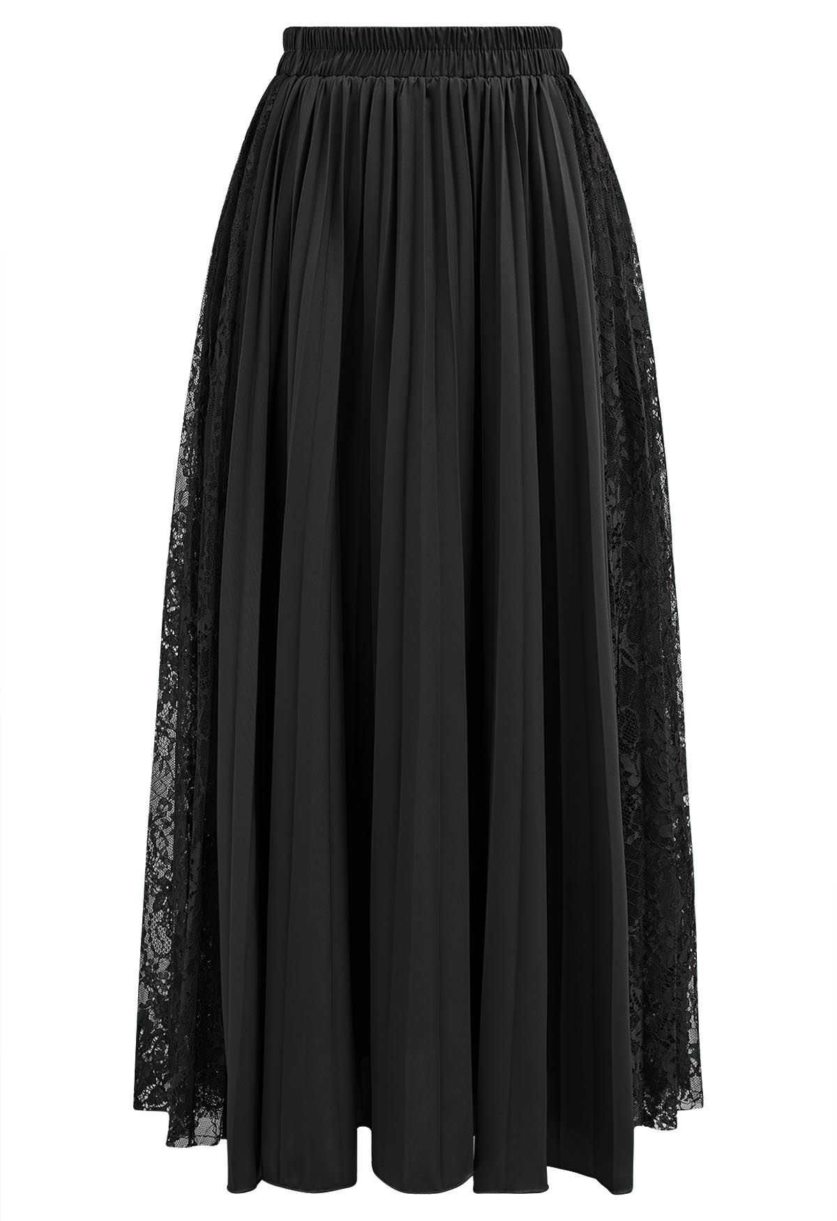 Lace Panelled Pleated Midi Skirt in Black