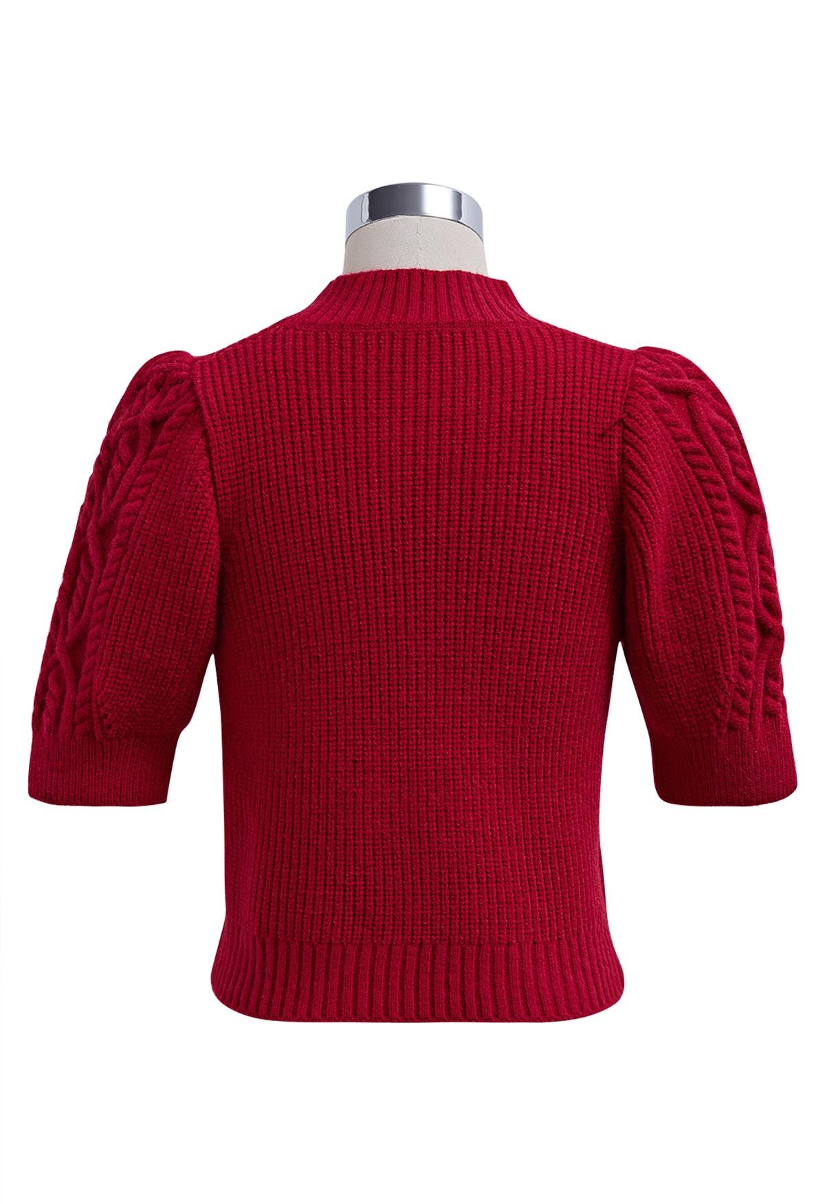 Mock Neck Short Sleeve Knit Sweater in Red