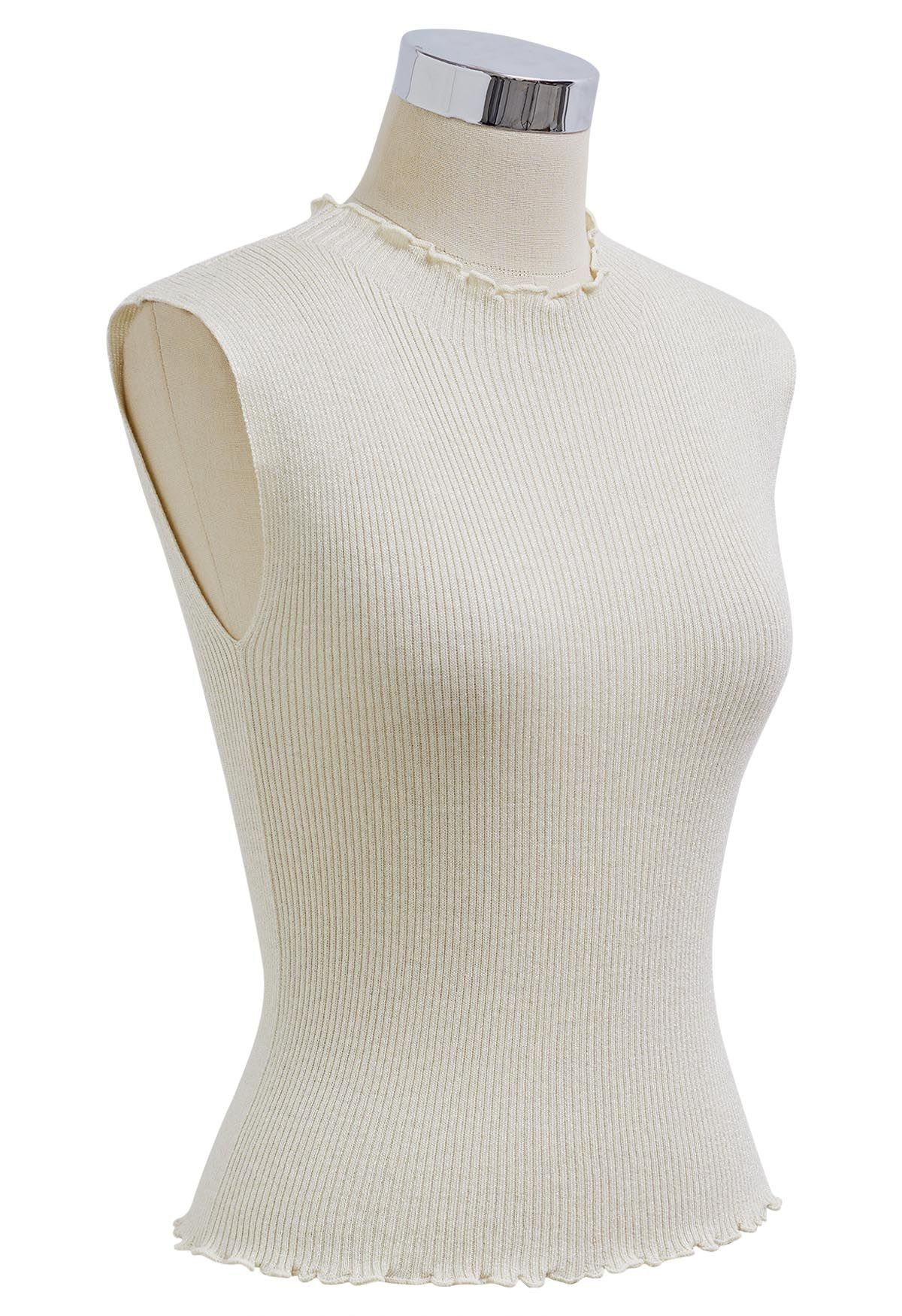 Glittery Lettuce Edge Sleeveless Knit Top in Cream