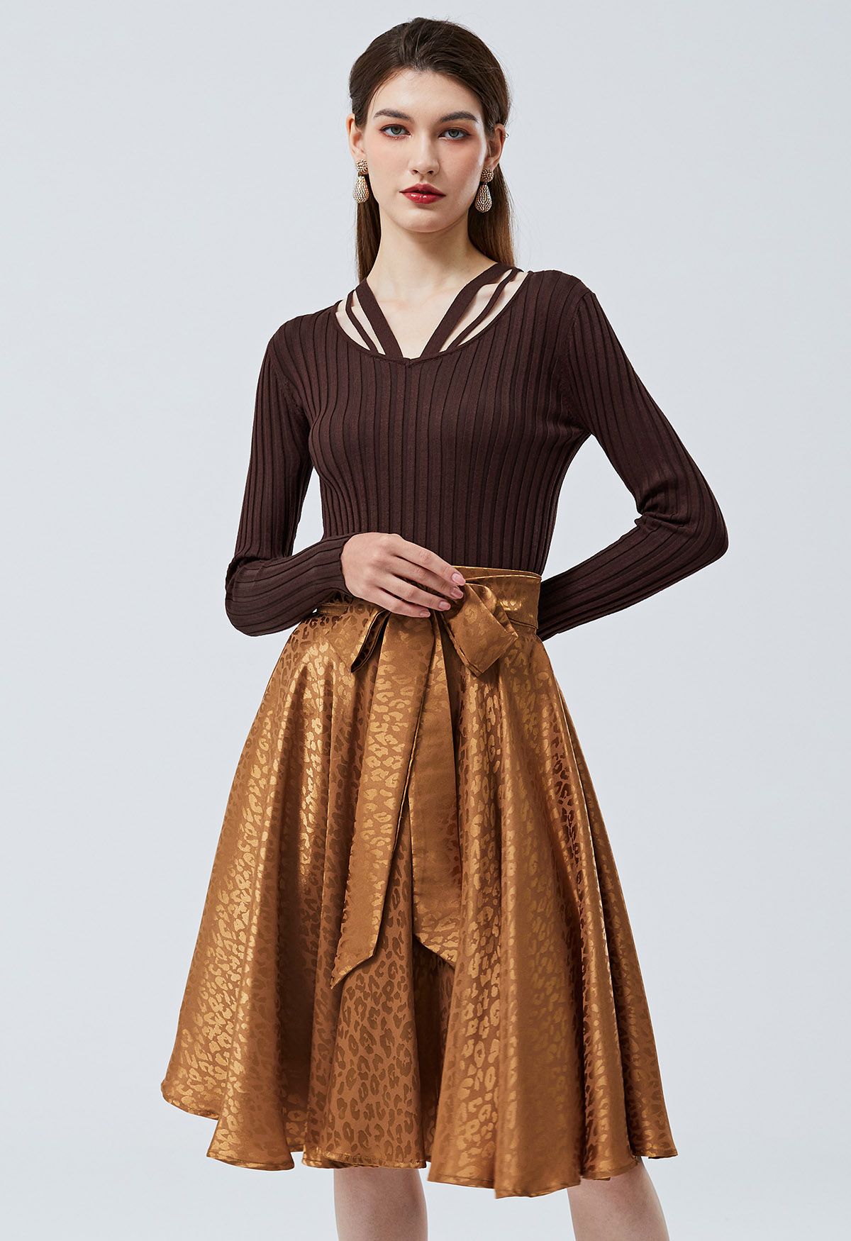 Glossy Leopard Jacquard Tie Waist Flare Midi Skirt in Pumpkin - Retro,  Indie and Unique Fashion