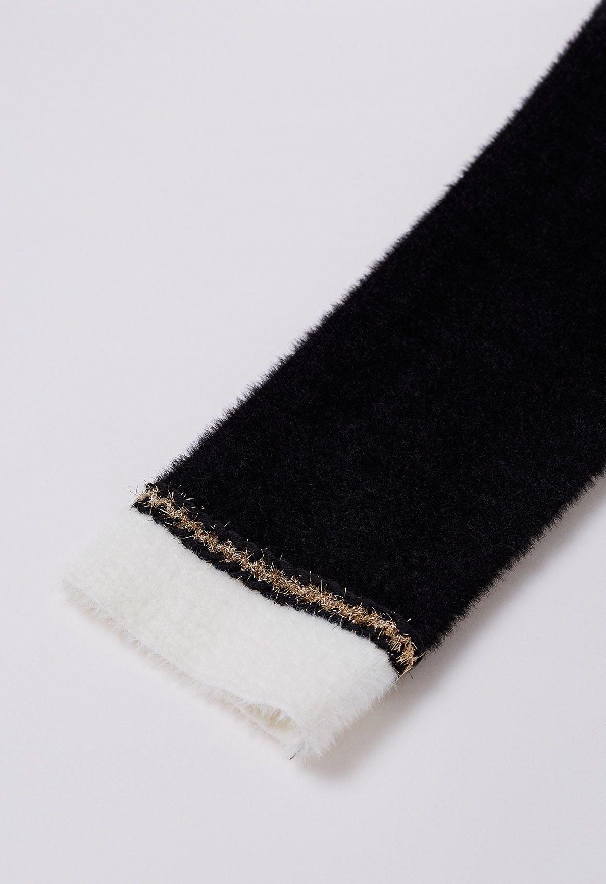 Contrast Shimmer Fringe Fuzzy Knit Cardigan in Black