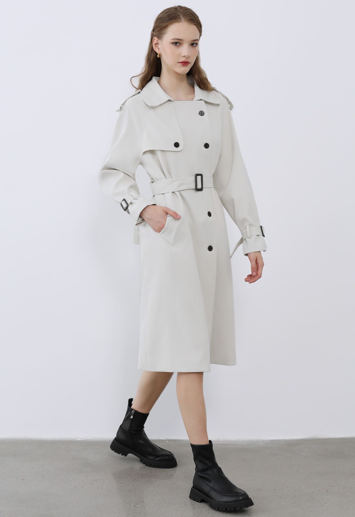 Tailored Double-Breasted Belted Trench Coat in Ivory