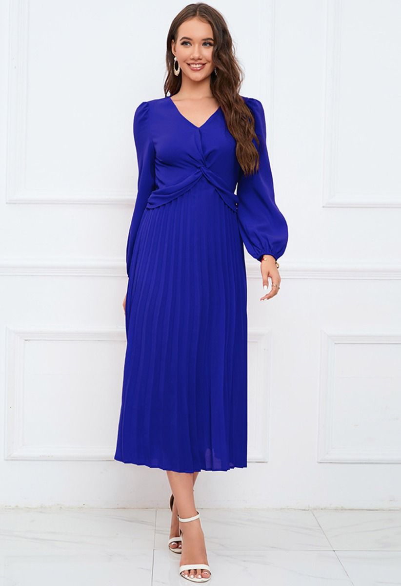 V-Neck Twisted Front Pleated Dress in Indigo