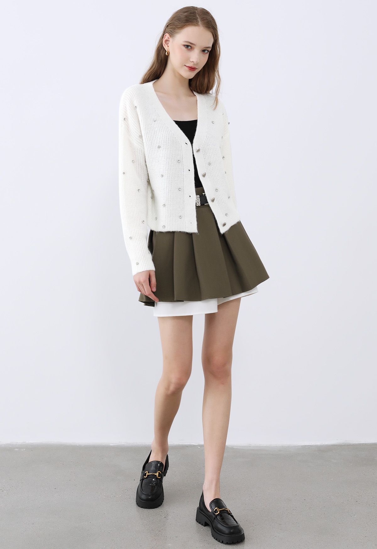 Rhinestone Embellished Button Down Knit Cardigan in Ivory