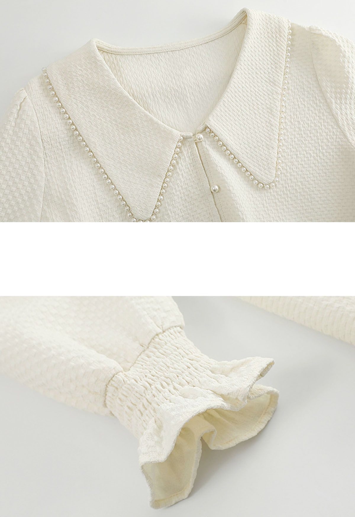 Pearl Doll Collar Embossed Button Down Shirt in Cream