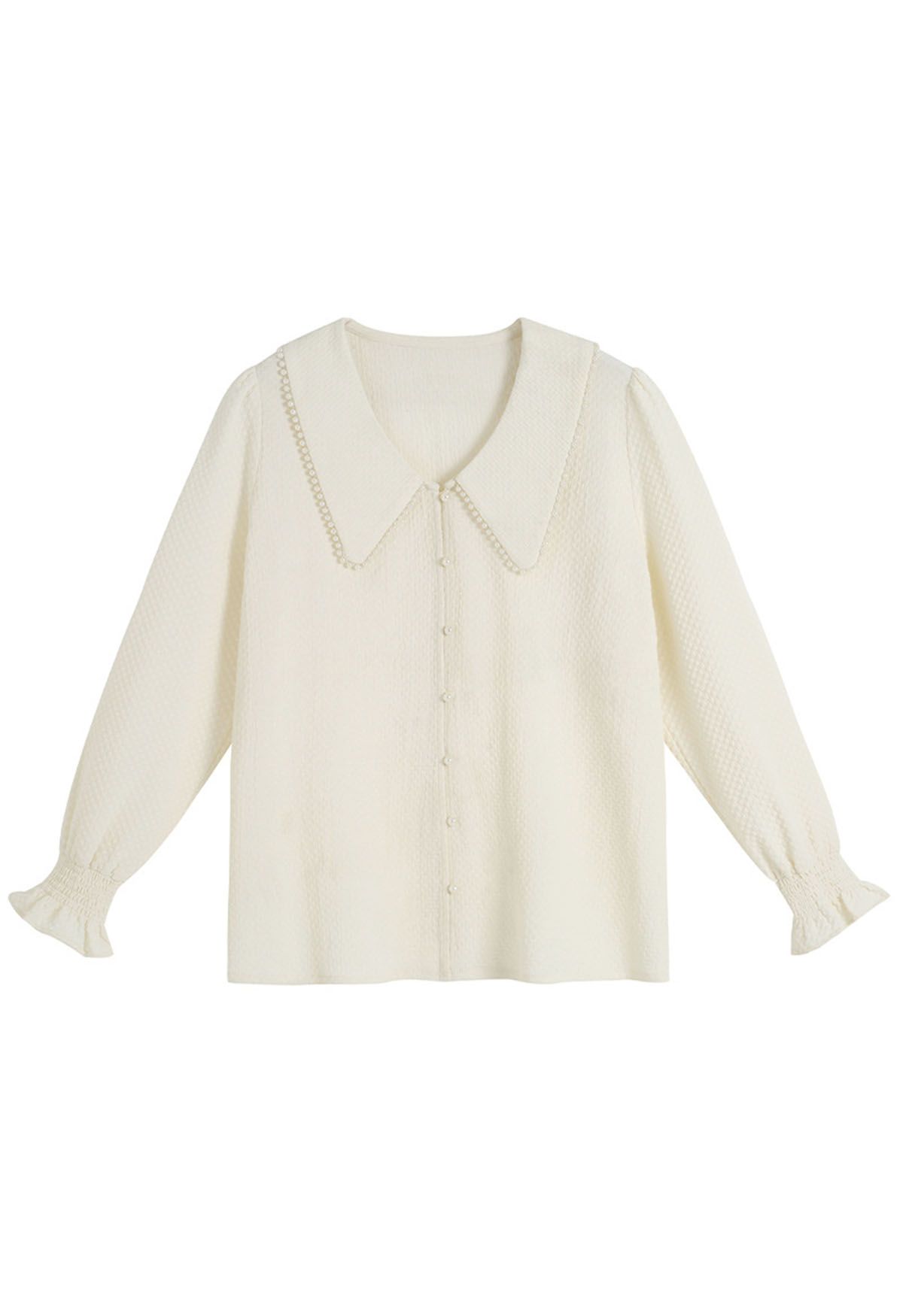 Pearl Doll Collar Embossed Button Down Shirt in Cream