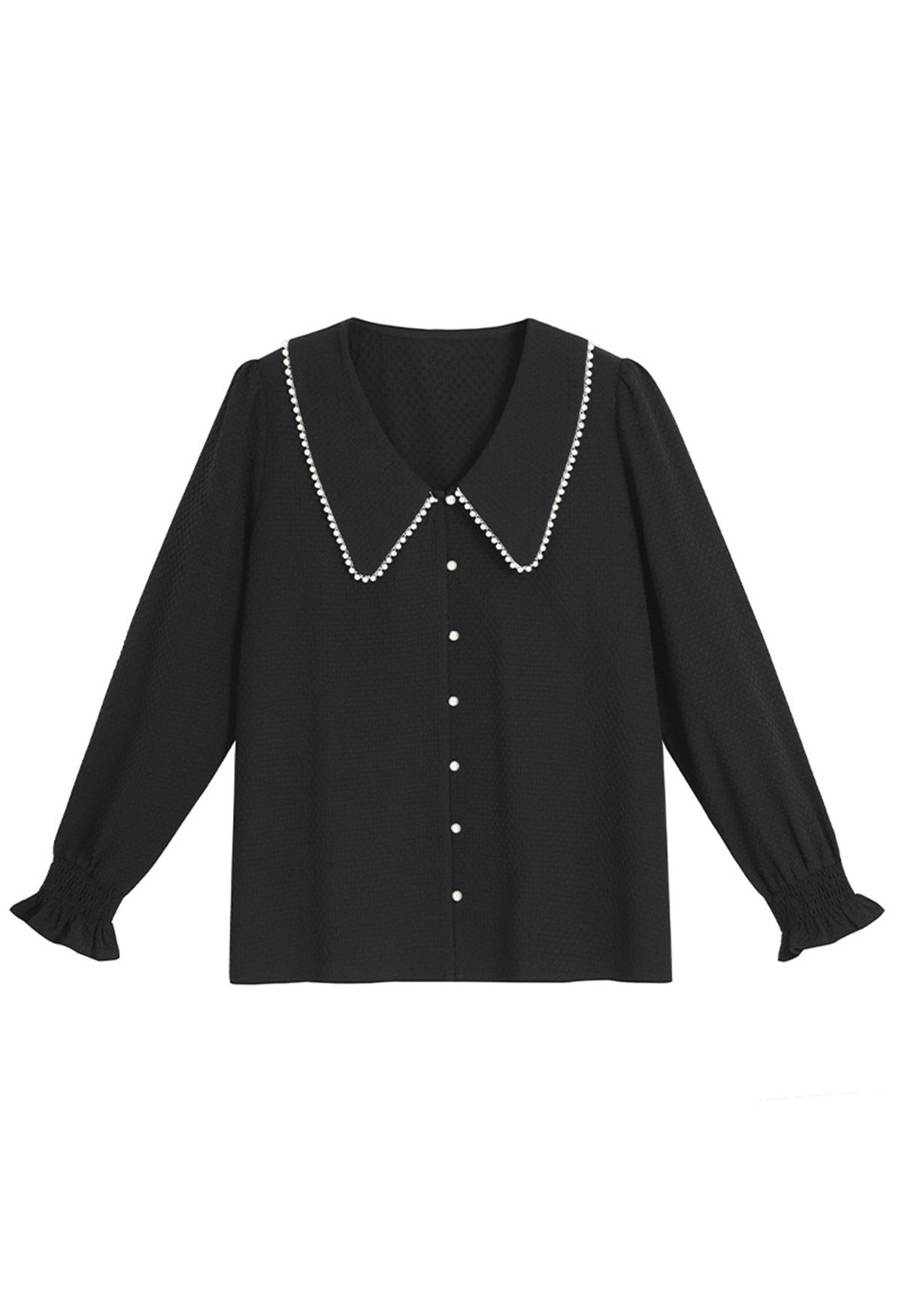 Pearl Doll Collar Embossed Button Down Shirt in Black