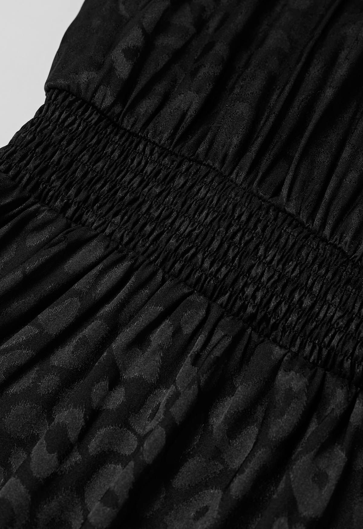 Glossy Leopard Jacquard Ruffle Maxi Dress in Black