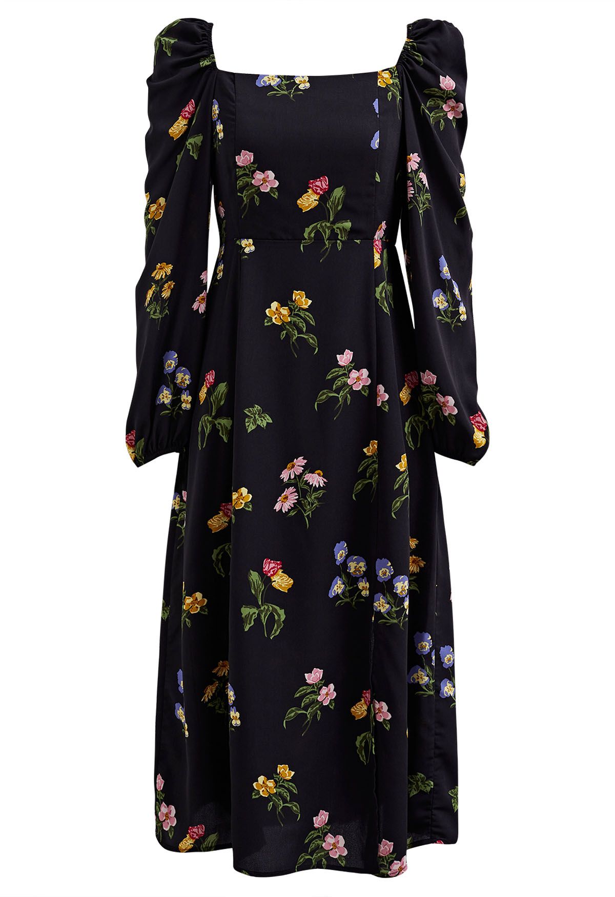 Botanical Print Square Neck Midi Dress