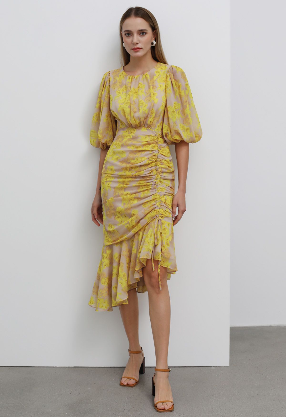 Yellow Blossom Drawstring Asymmetric Ruffle Midi Dress