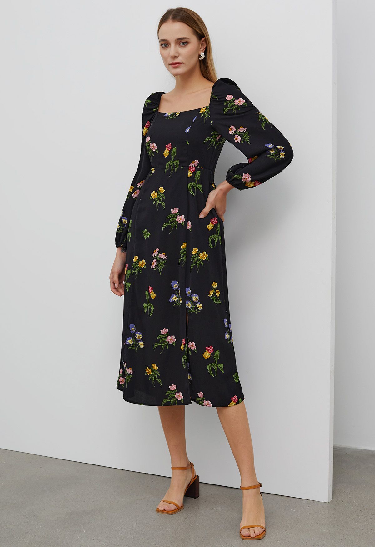 Botanical Print Square Neck Midi Dress