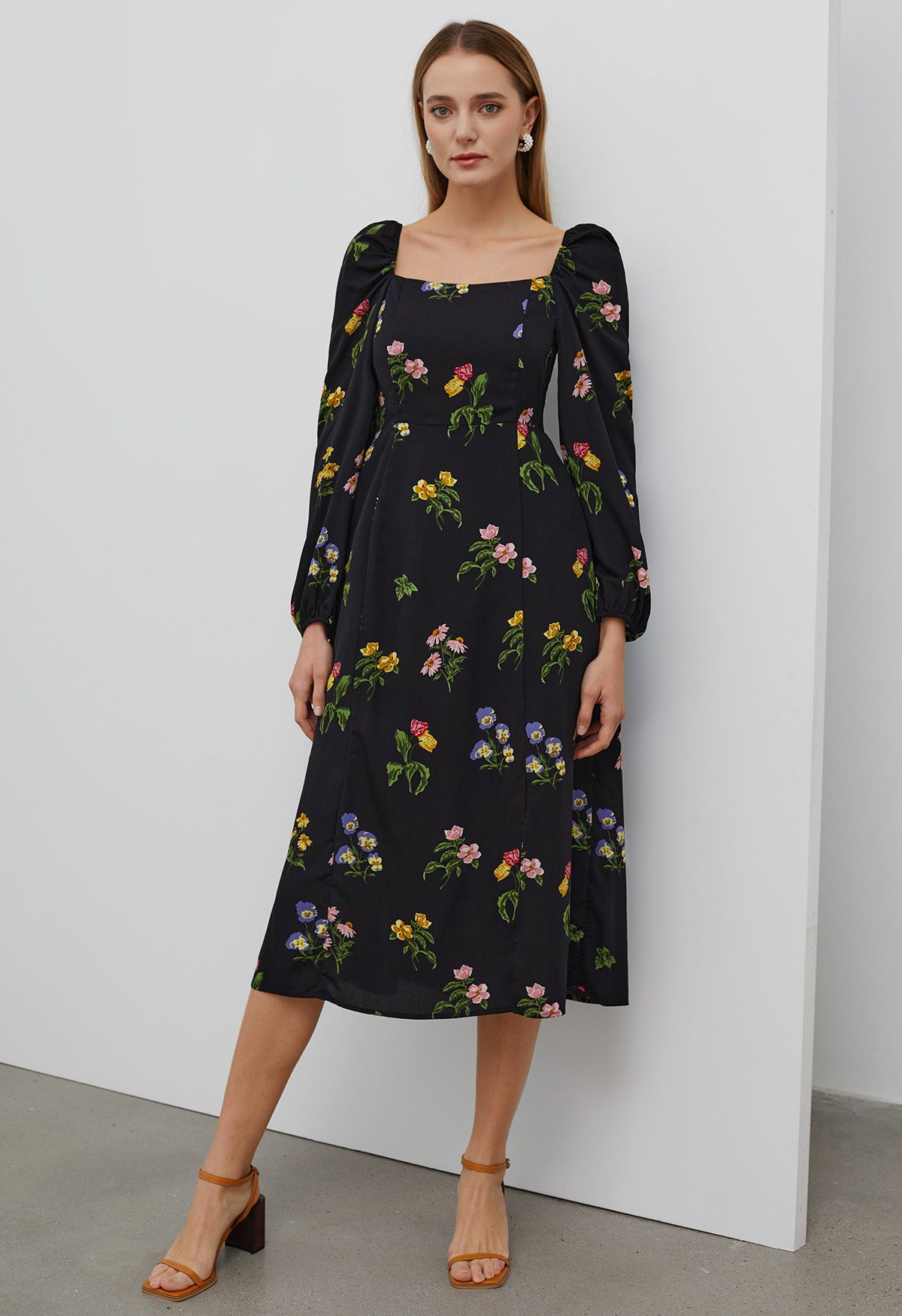 Botanical Print Square Neck Midi Dress