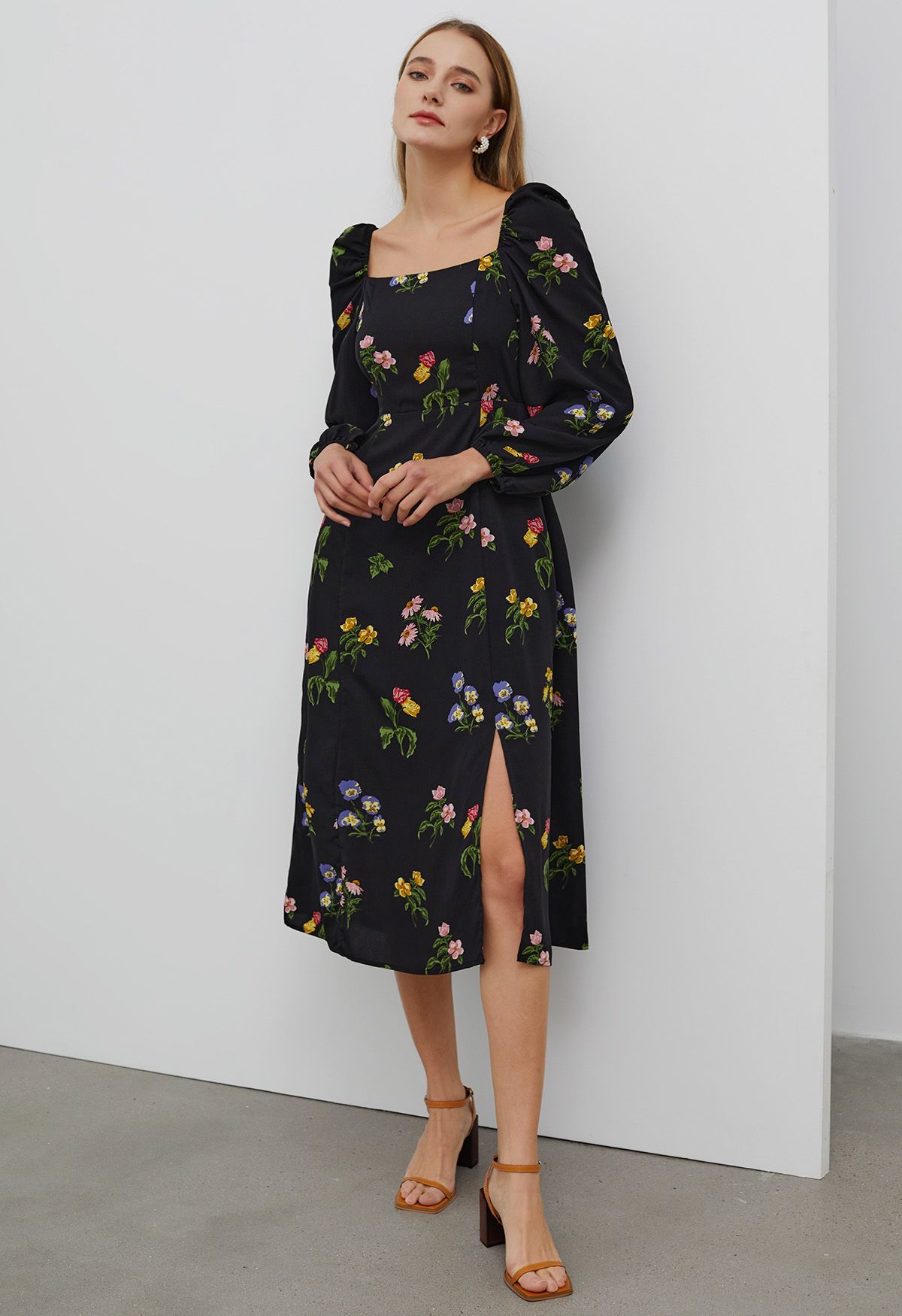 Botanical Print Square Neck Midi Dress