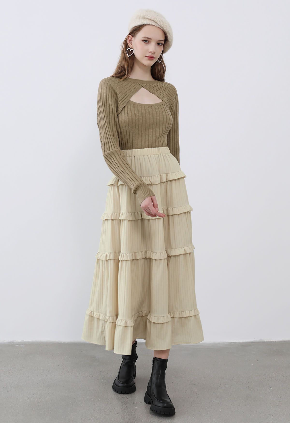 Ruffle Tiered Stripe Texture Maxi Skirt in Ivory