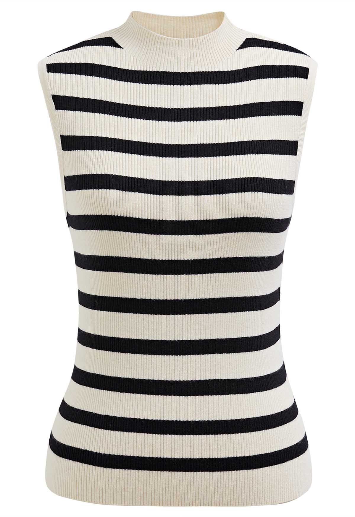 Contrast Stripe Sleeveless Knit Top in Ivory