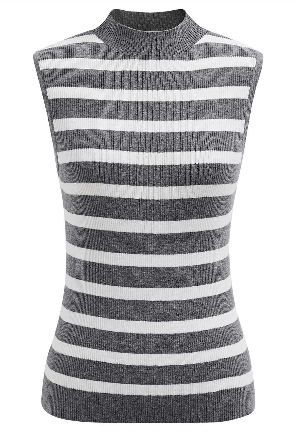 Contrast Stripe Sleeveless Knit Top in Grey