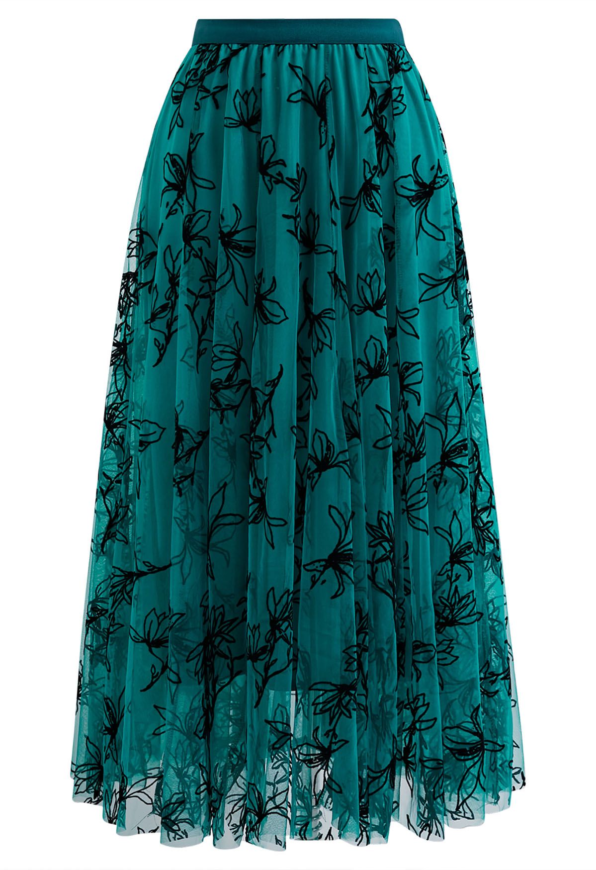 Velvet Magnolia Double-Layered Mesh Maxi Skirt in Green