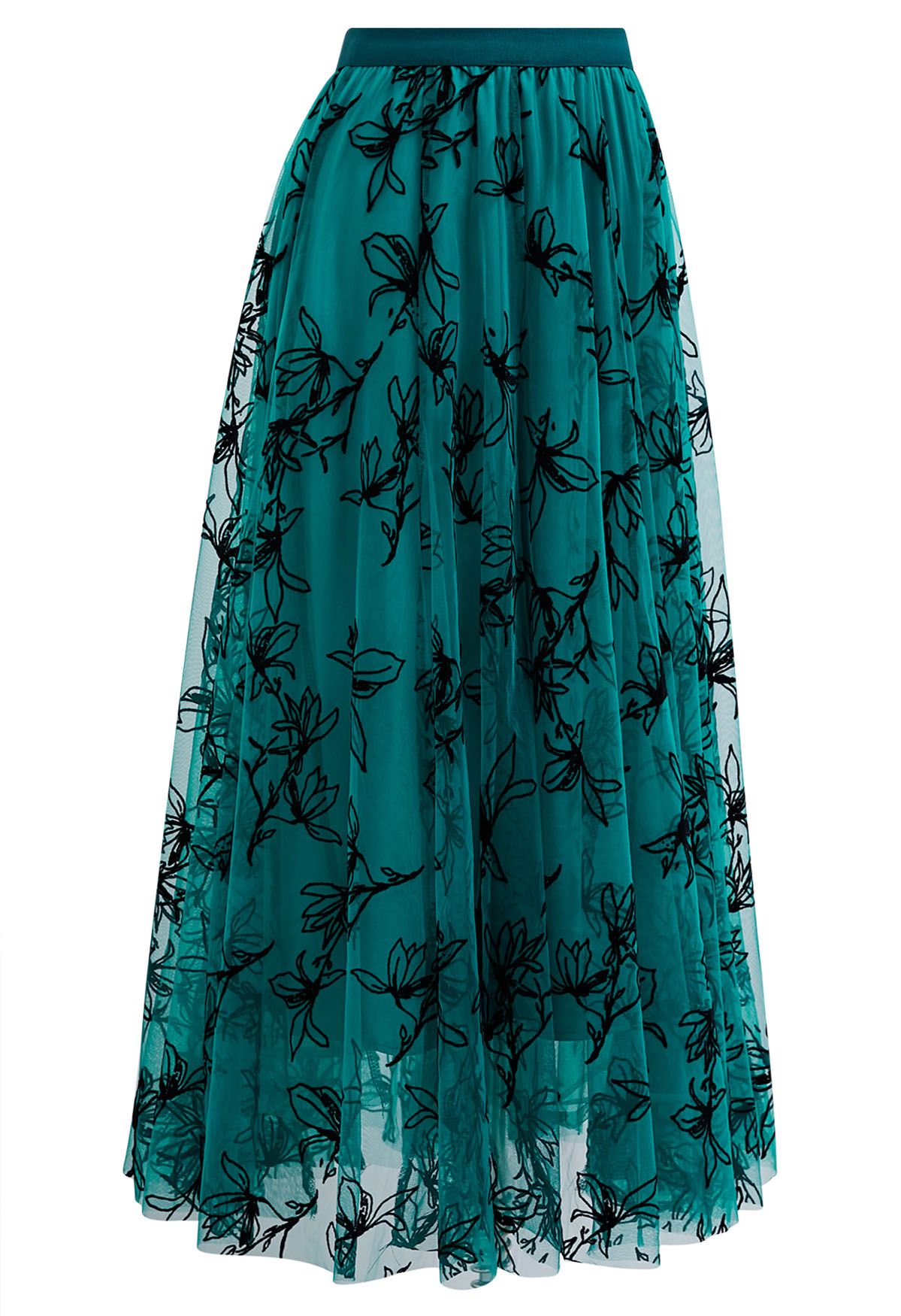 Velvet Magnolia Double-Layered Mesh Maxi Skirt in Green