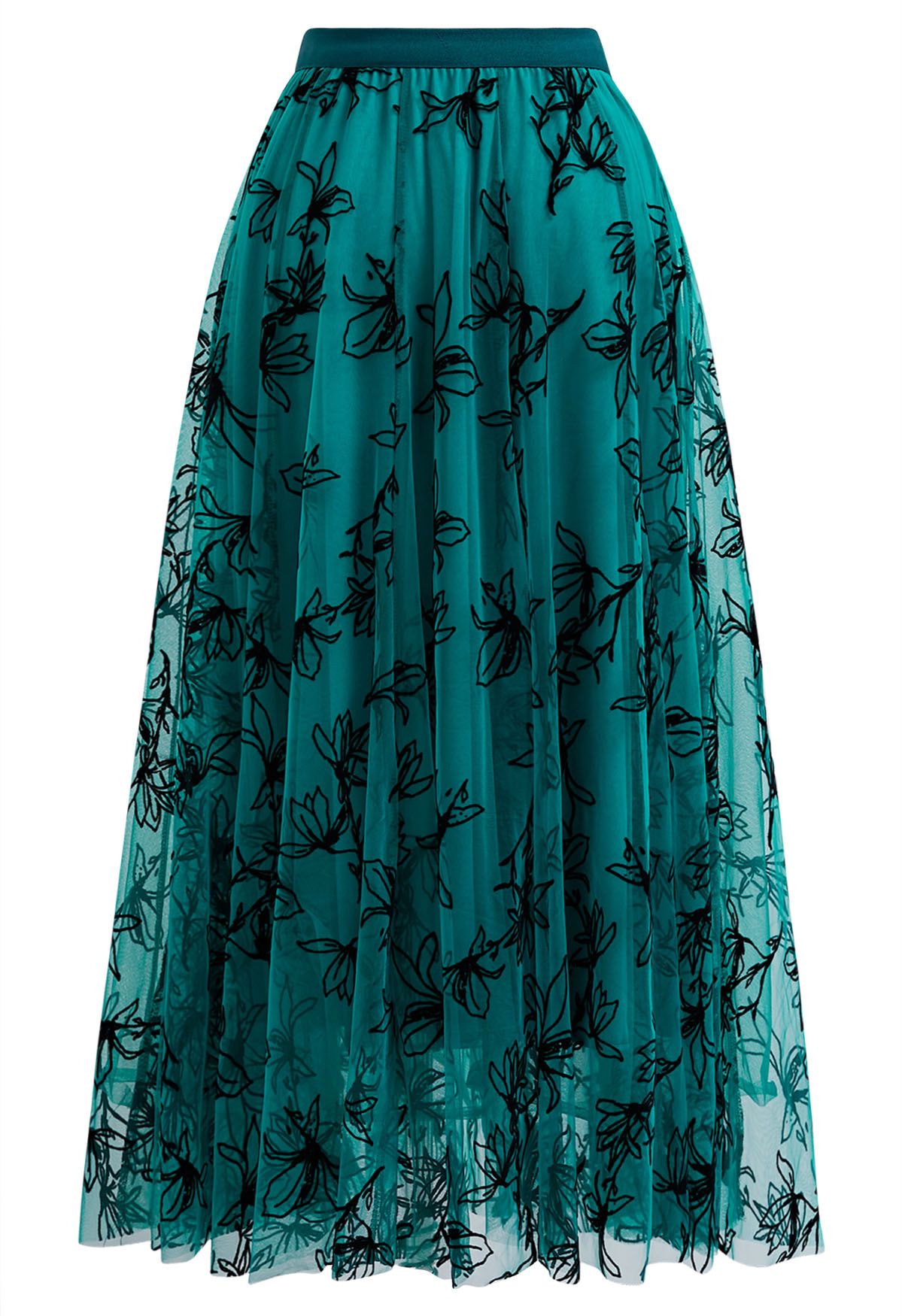 Velvet Magnolia Double-Layered Mesh Maxi Skirt in Green