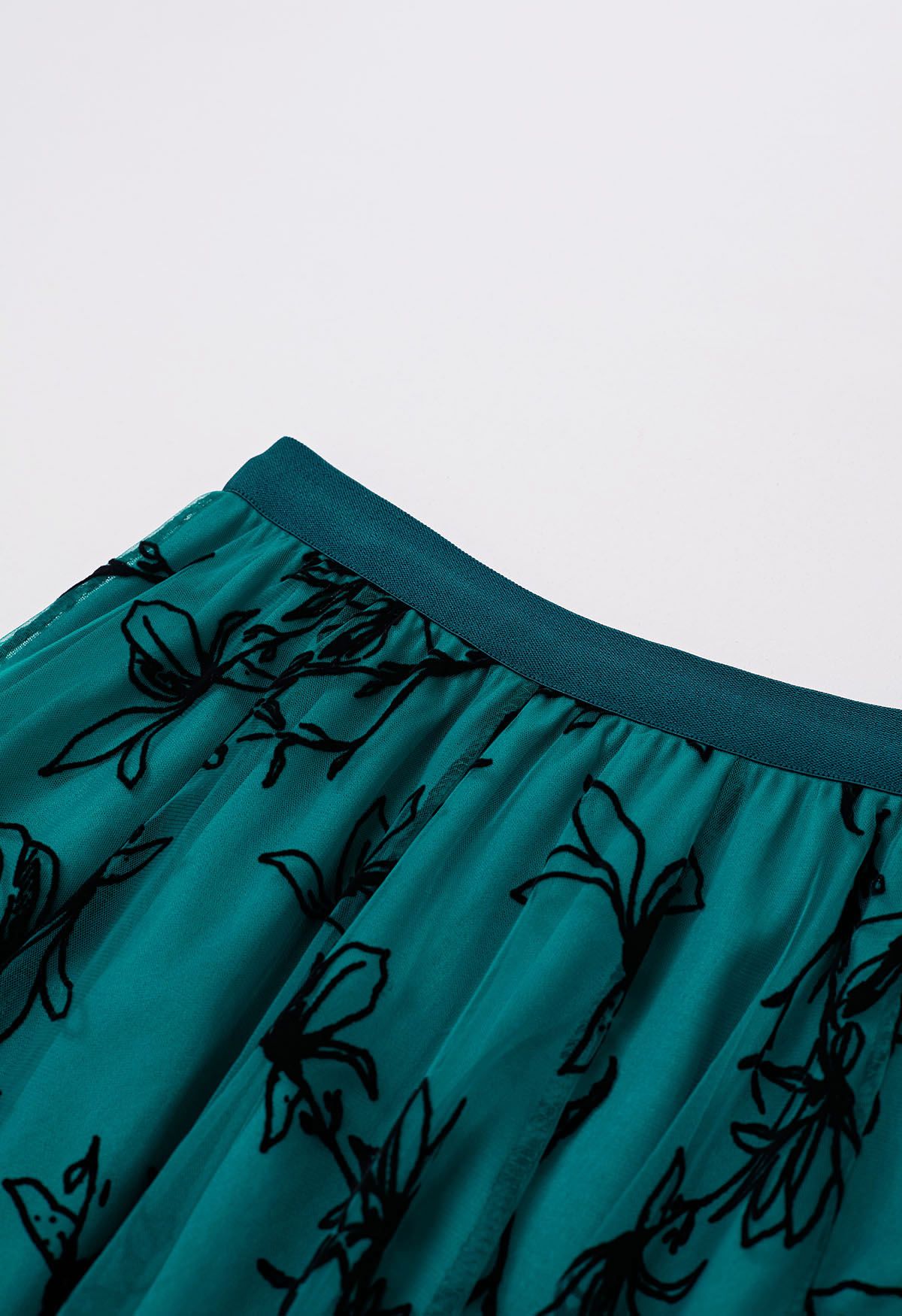 Velvet Magnolia Double-Layered Mesh Maxi Skirt in Green